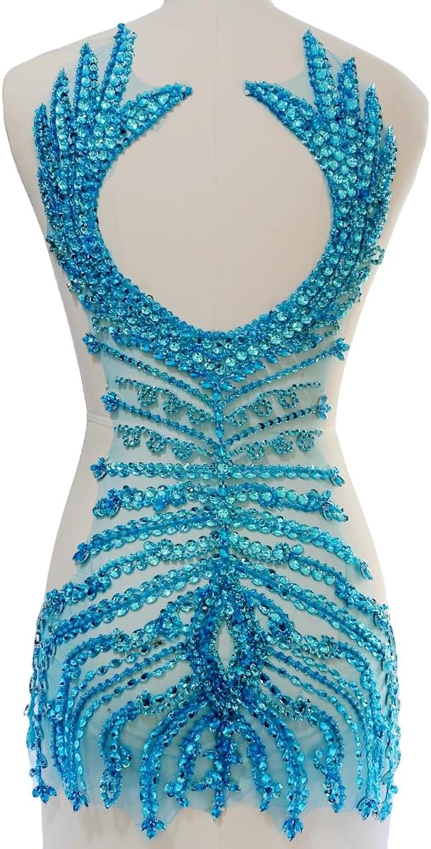 PLune Large Size Handmade Rhinestones lace Trim Patches sew on Beads Appliques for Wedding Party Evening Dress Accessories 26X14inches (Sky Blue)