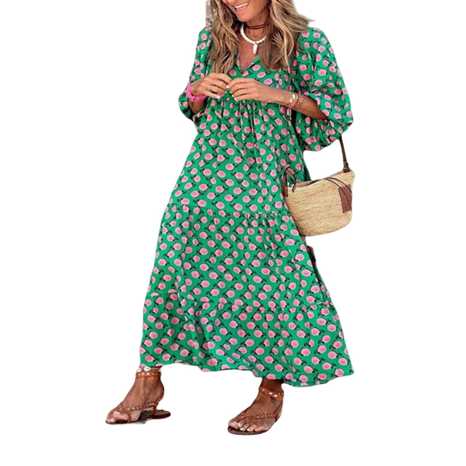 Vestidos Mujer Corte Holgado Casual Verano Cuello en V Media Manga Bohemia Patrón Geométrico Maxi Vestidos Largos YYEFNMAZ