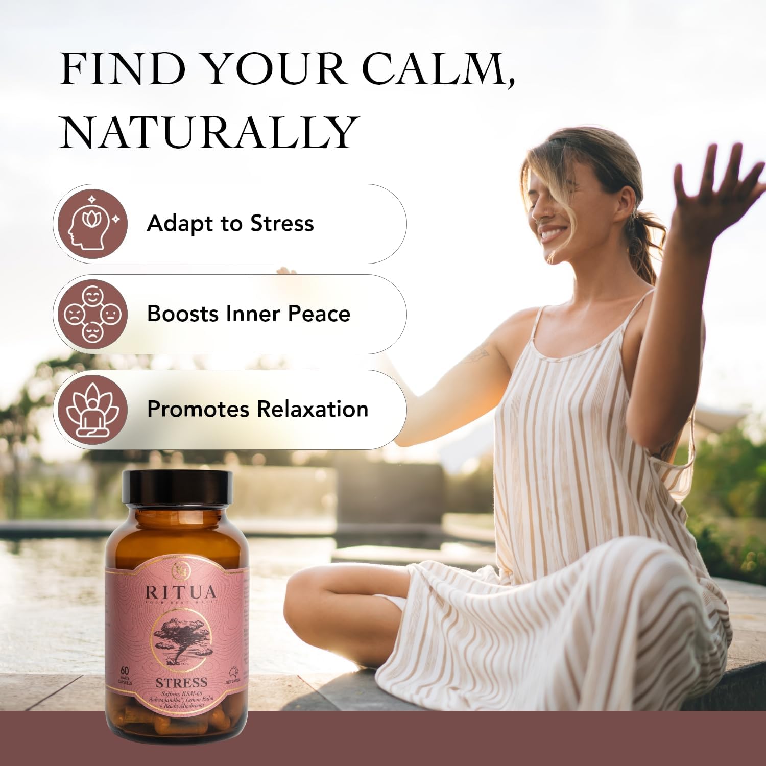 Ashwagandha Stress Relief Supplement, Mushroom Supplement, Reduces Cortisol, Infused with Saffron and Lemon Balm, 60 Capsules