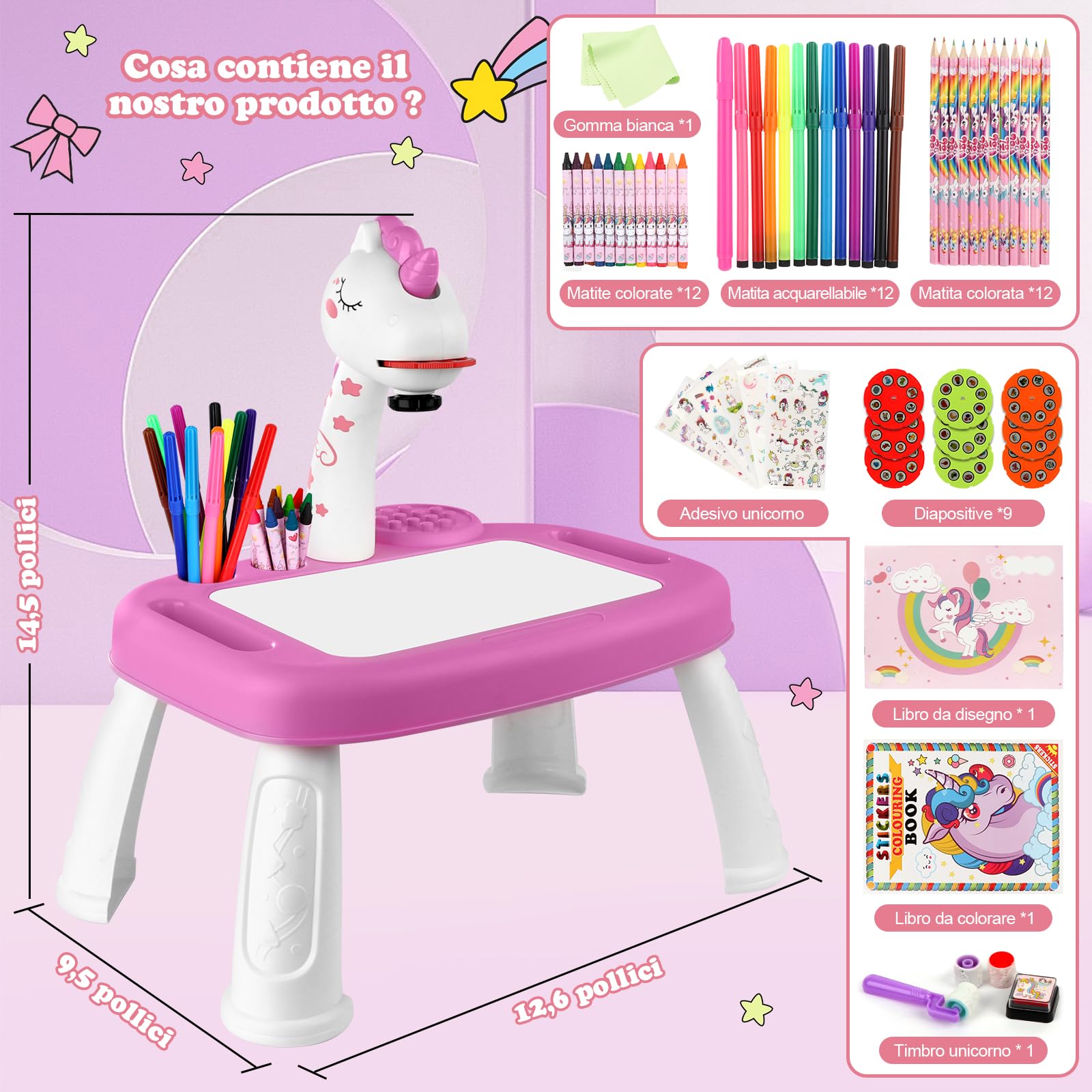 Giochi Bambina Proiettore da Disegno per Bambini con 72 Motivi Proiettore per Bambini con Set da Pittura Adesivi Unicorno Tavolo da Pittura per Bambini Giocattoli Unicorno Regalo Bambine 3 4 5 6 anni