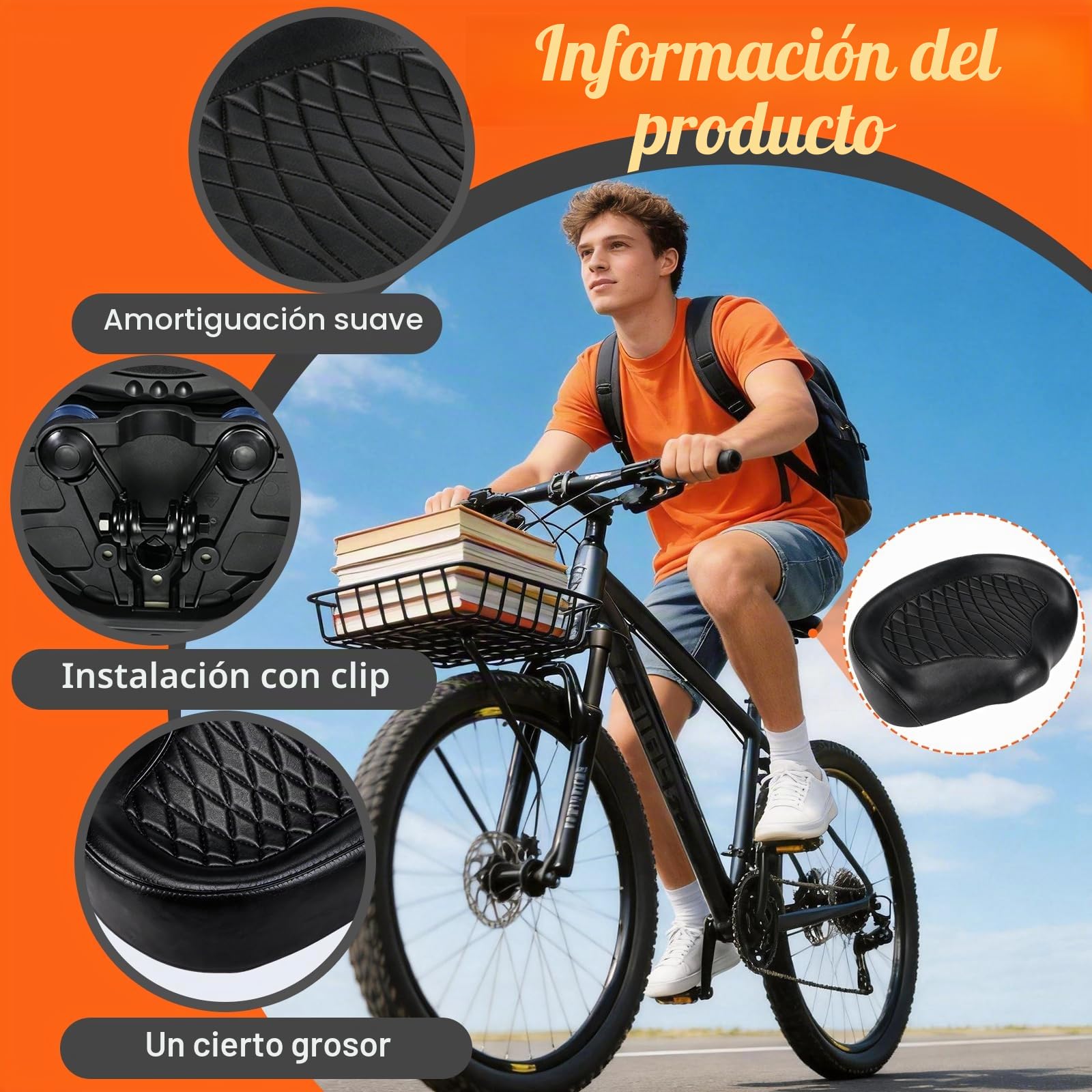 Sillín de Bicicleta, Asiento de Bicicleta Cómodo para Hombres y Mujeres Sillín Ergonómico Asiento Impermeable Y Amortiguador para Bicicletas Urbanas de Montaña Estáticas y Eléctricas