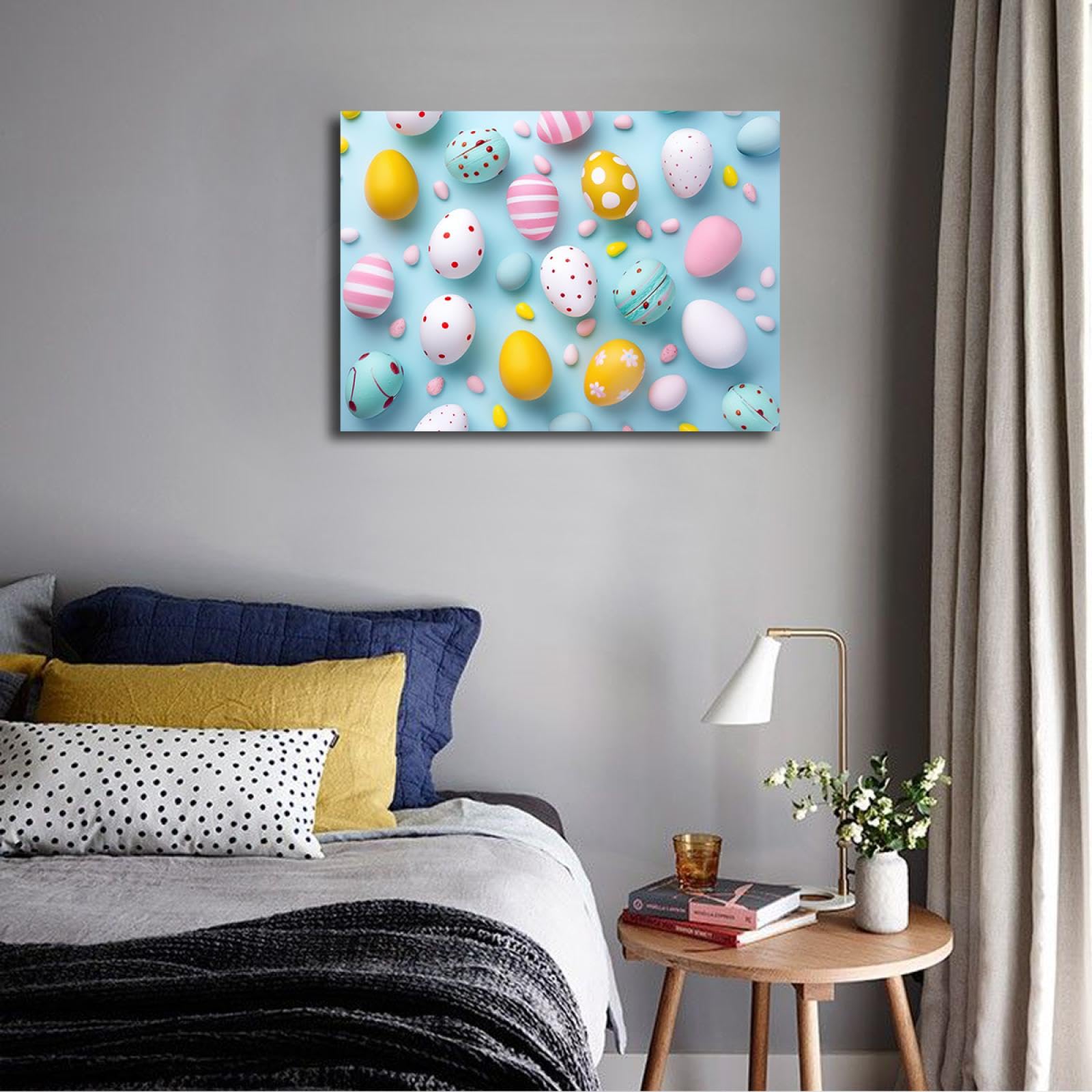 YUNART Ostern Home Decor Rahmen Schokolade Ostereier Leinwand Wand Kunstdruck Blau Macarons Poster Dessert Shop Wanddekoration bereit zum Aufhängen 70x90cm Innenrahmen