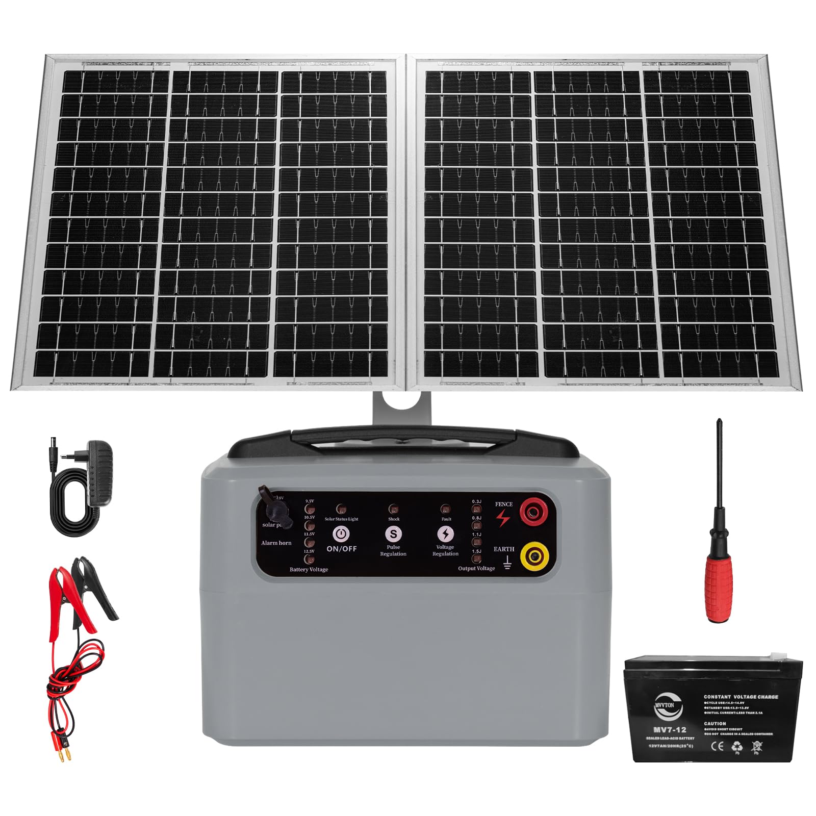 48 KM Pastor Electrico Solar, 0,3 J-1,5 J, 6 KV-12 KV Cerca Eléctrica Controlador con Panel Solar de 15 W, con Batería de Plomo-ácido Integrada de 12 V y 7 Ah, Apto para Ganado Ganado, Vacas(Gris)