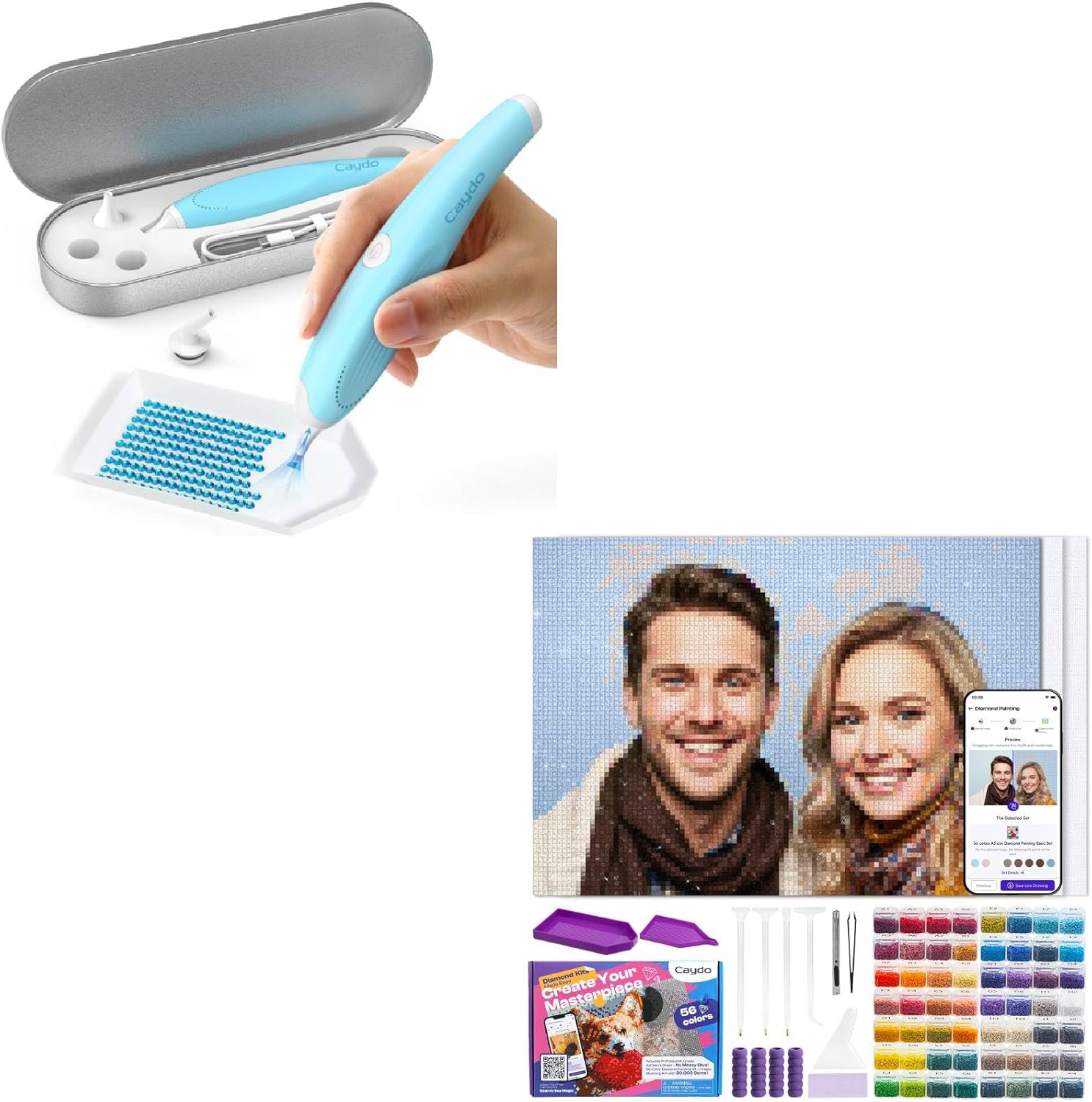 Caydo Cordless Electric Diamond Painting Pen with Custom Diamond Painting with Design App, Create Personalized Diamond Art from Photo for Adults, Ergonomic Design Storage Tray Full Tools for Beginners