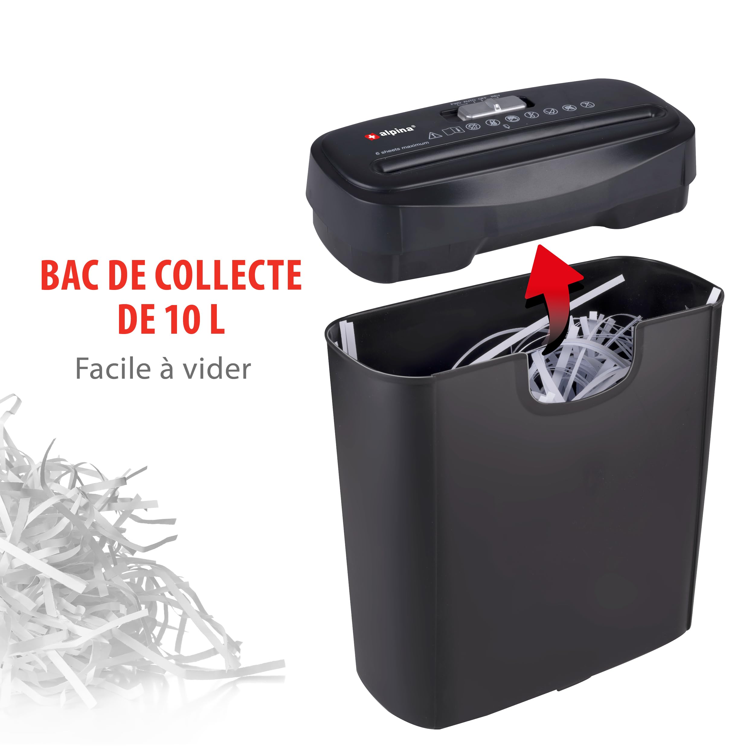 Alpina Destructeur de Documents Papier 6 Feuilles A4 Bac 10L 190W Noir