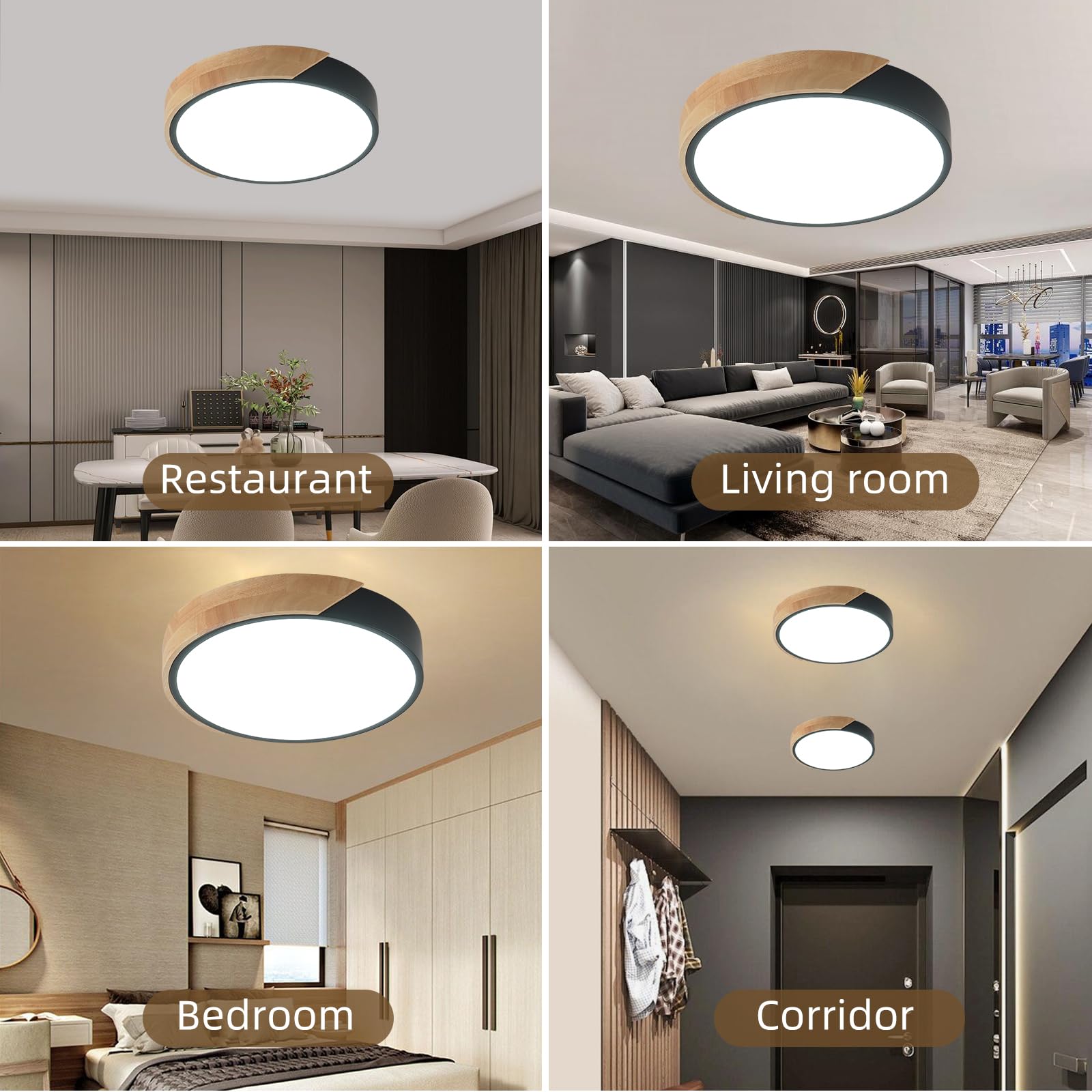 Plafón Led Ronda 24W, Luz Blanca Fría 6000K, Paquete de 2 Lámparas Techo Negro para Salón, Cocina, Comedor, Dormitorio
