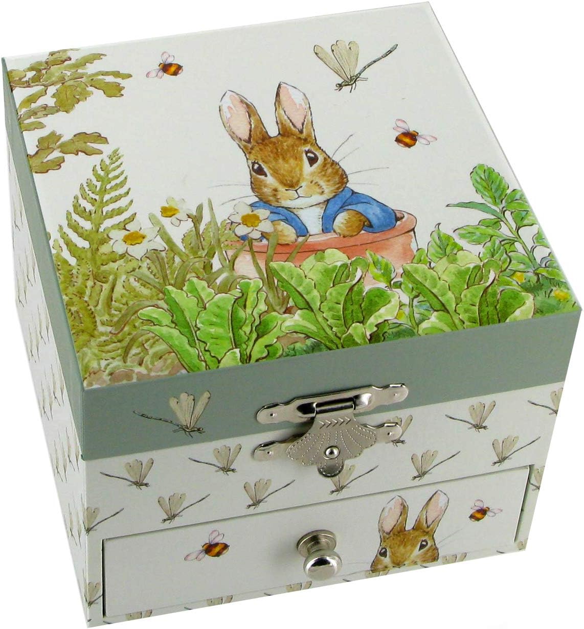 Wooden musical jewellery box/music box for jewels made of wood with Beatrix Potter's Peter the rabbit and 18-note wind up musical mechanism - Lullaby (W. A. Mozart)