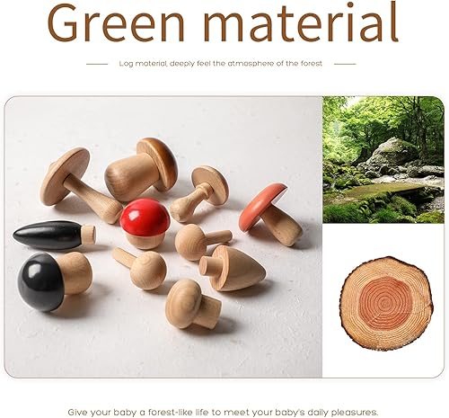 Miniatura 4 de Promise Babe Juguetes de hongos de madera Montessori, bloques de madera apilables para niños pequeños, hongos en miniatura de varios tamaños,