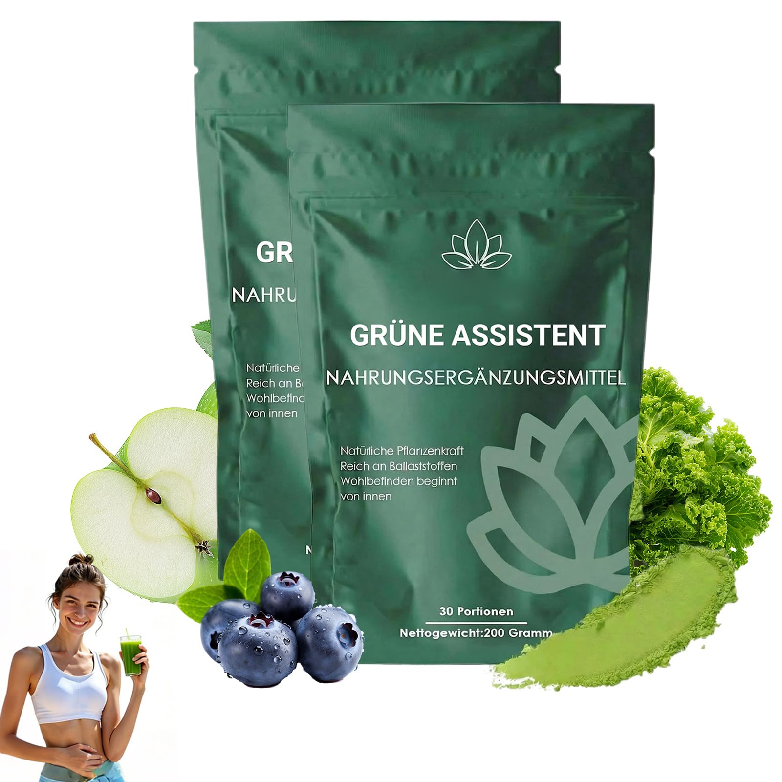 2 Pack Grünes Superfood Pulver 200g, Grüne Entgiftungspulver, Natürliches Pflanzenpulver mit Matcha, Spirulina, Gerstengras & Heidelbeeren, Für Energie & Stoffwechsel (Grüne*2)