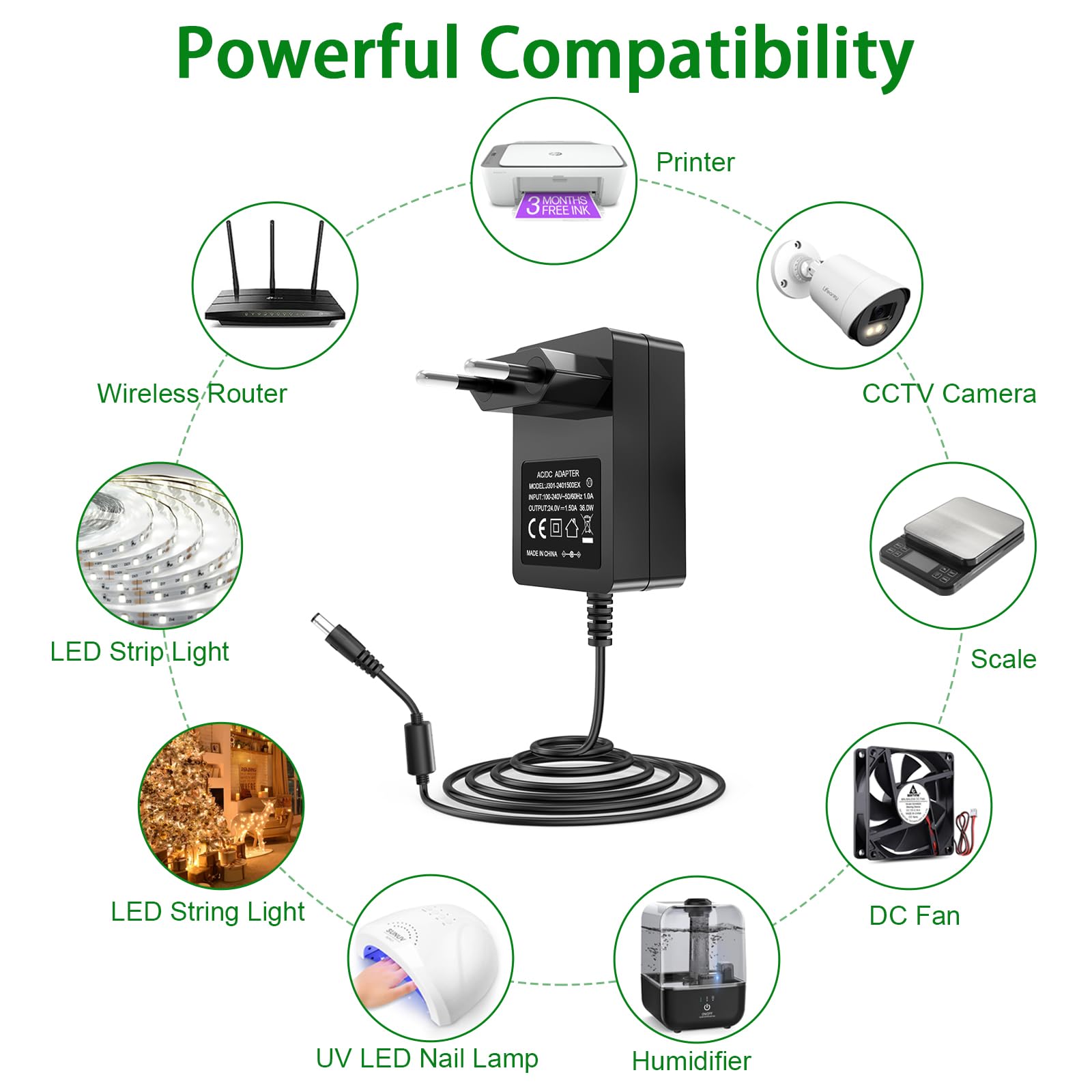 24V 1,5A Netzteil Adapter, 100~240V AC zu DC 24Volt 1,5 Ampere Konverter 24VDC 1500mA 1000mA 800mA 600mA 400mA 200mA Adapter für LED-Streifenlicht, CCTV-Kamera