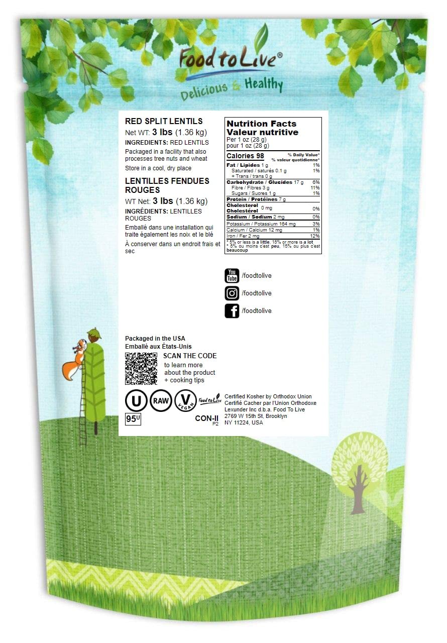 Food to Live Red Split Lentils, 3 Pounds – Masoor Dal, Dried, Vegan, Kosher, Bulk. Easy to Cook. No Soaking Required. Good Source of Dietary Fiber, Vitamin B, Protein.