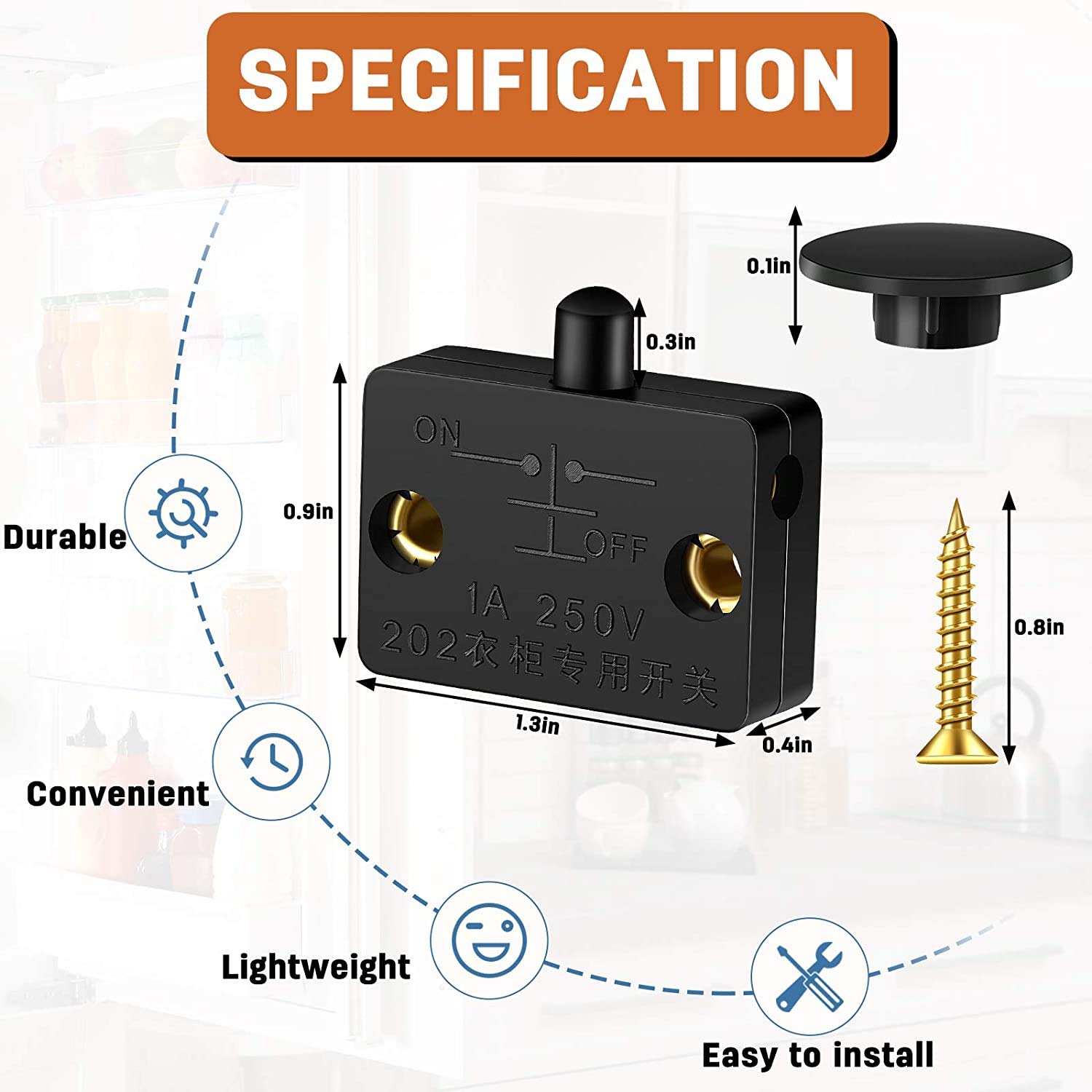 RUNCCI-YUN 8 Pezzi Interruttore Armadio per Porte Luce Push Porta di Contatto 250V 1A per Armadietti Switch (Nero)