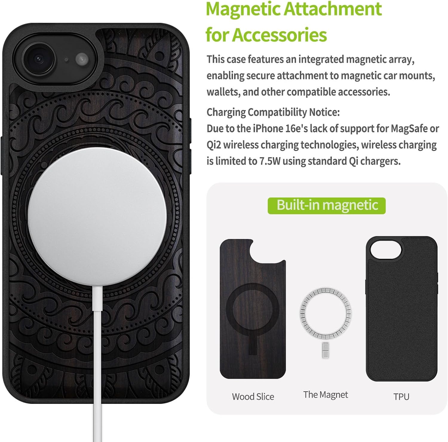 Carveit Magnetic Wooden Case for iPhone 16e / 17e, Solid Wood & TPU, Artisan Engraved Design, Shockproof Cover, Compatible with MagSafe Wireless Chargers, Yin Yang Paisley - Blackwood