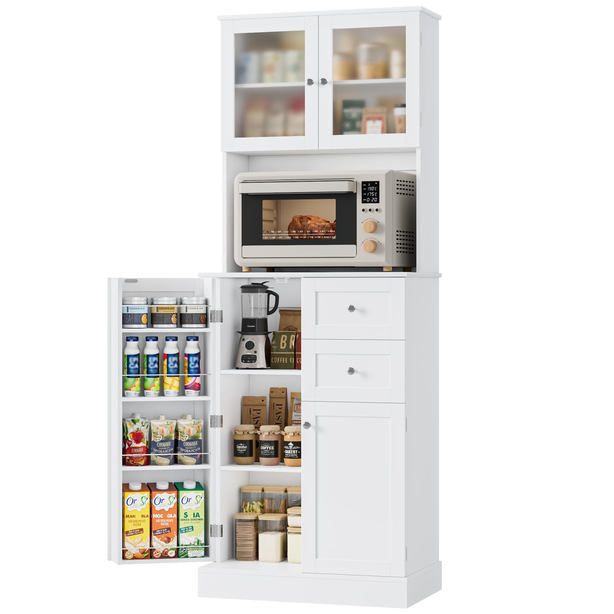 HOCSOK Küchenschrank, Buffetschrank mit Verstellbaren Ablage und Schubladen | vorratsschrank küche mit Mikrowellenregal und 4 Türen, Mehrzweckschrank für Küche, Esszimmer, Wohnzimmer, Weiß