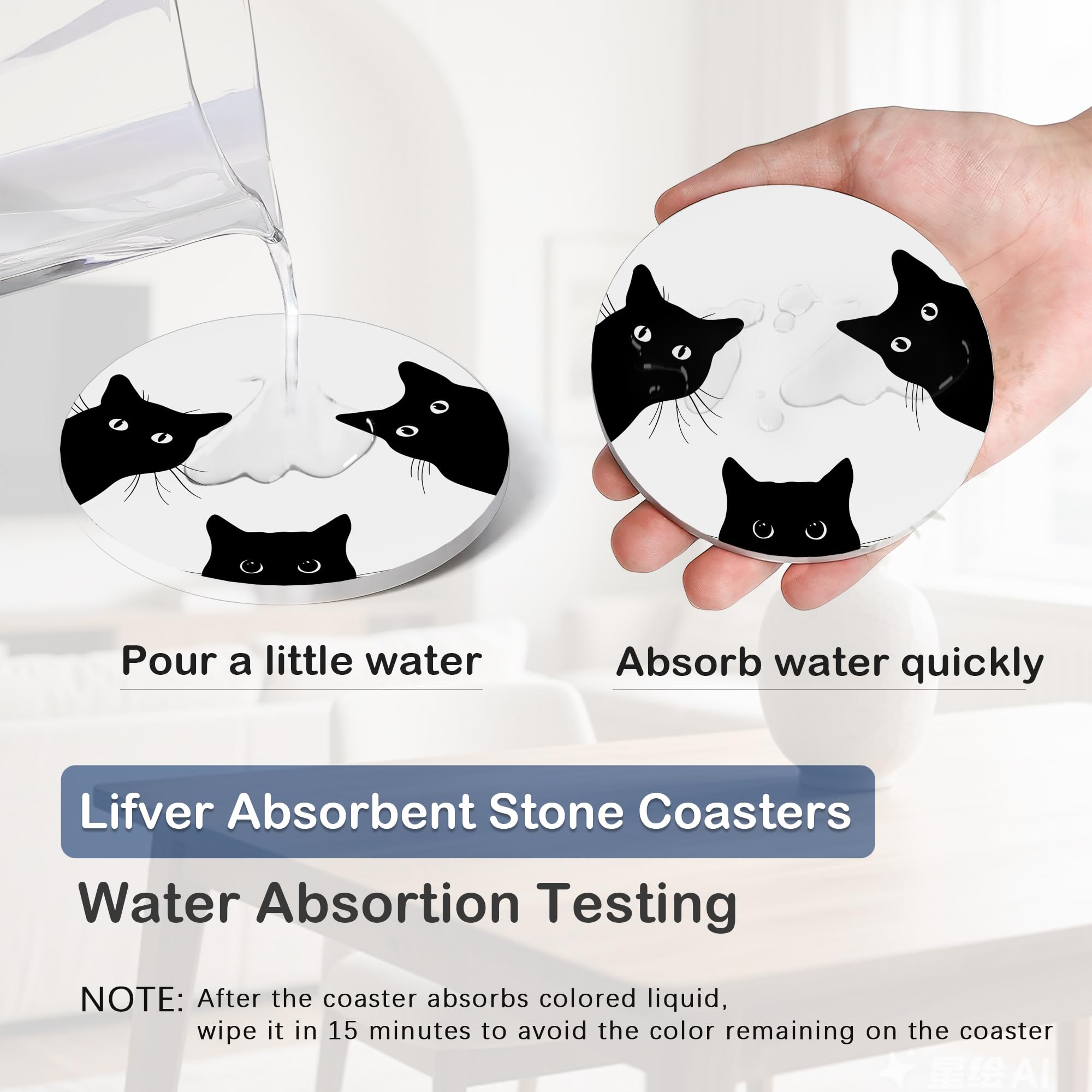 Cute Black Cat Set of 6 Coasters Absorbent Ceramic Drink Mats with Cork Base & Metal Holder, Spill Protectors for Mugs/Cups - Image 3