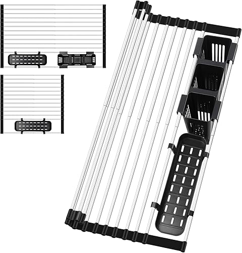 Escurridor de platos enrollable expandible, hasta 22.8 pulgadas con 2 soportes para utensilios, estante de acero inoxidable, borde cubierto de