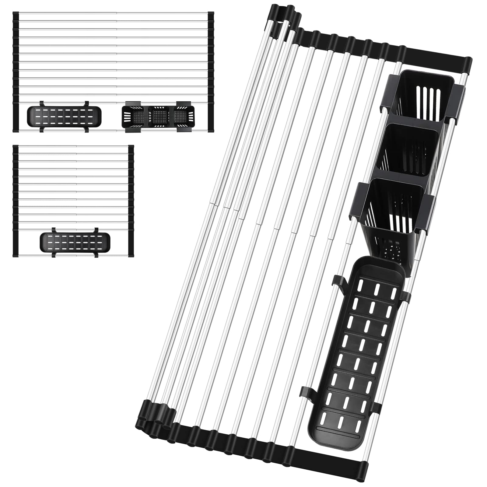 CIUJOYExpandable Roll Up Dish Drying Rack, Up to 22.8'' with 2 Utensil Holders Stainless Steel Rack Silicone Covered Rim Foldable Over Sink Dish Drying Rack for Kitchen Counter Sink(Black)