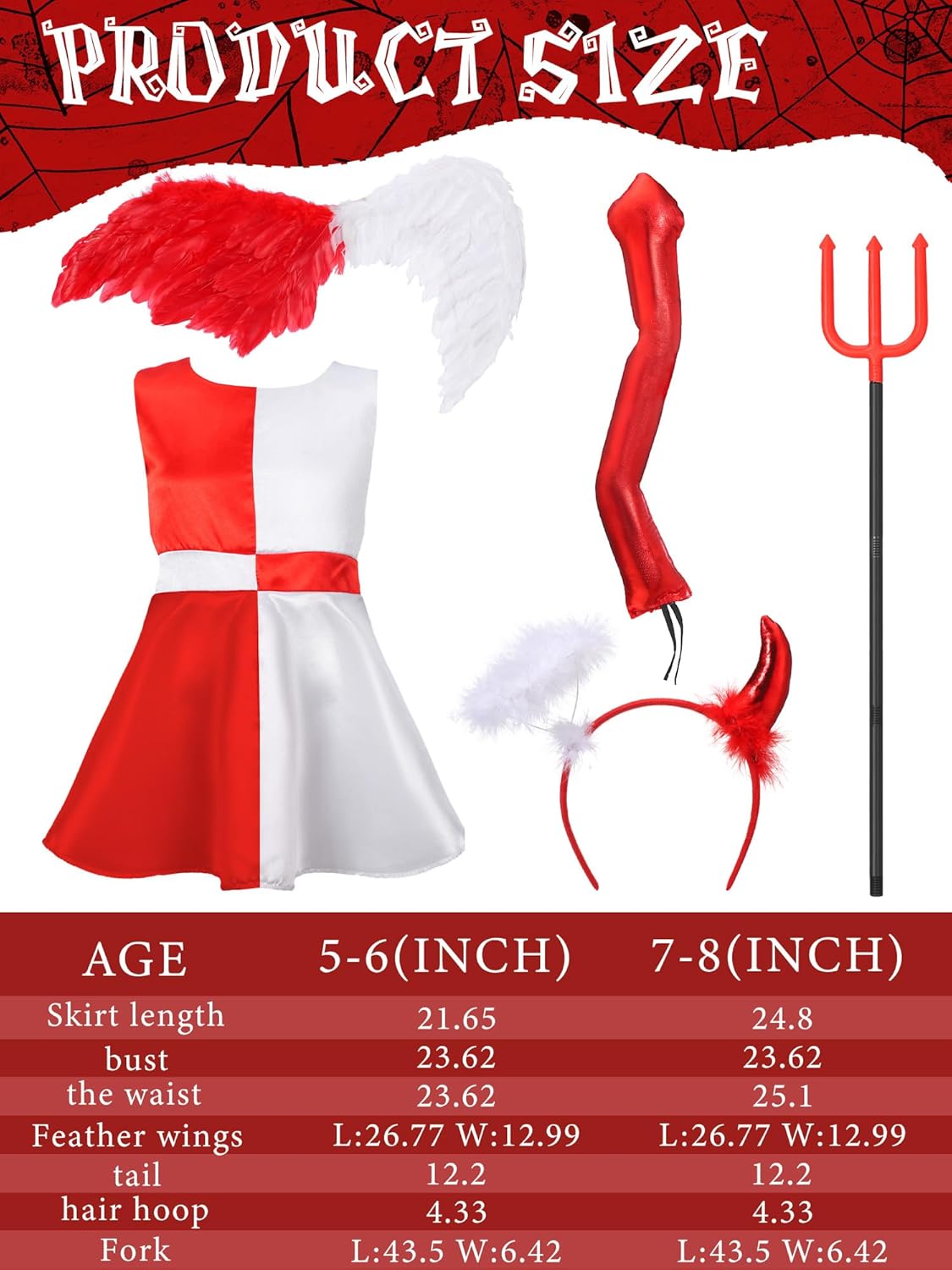 Cozypower 5 Pcs Angel Costume for Halloween Accessories Set Red White Dress Wings Headband Tail Fork - Image 3