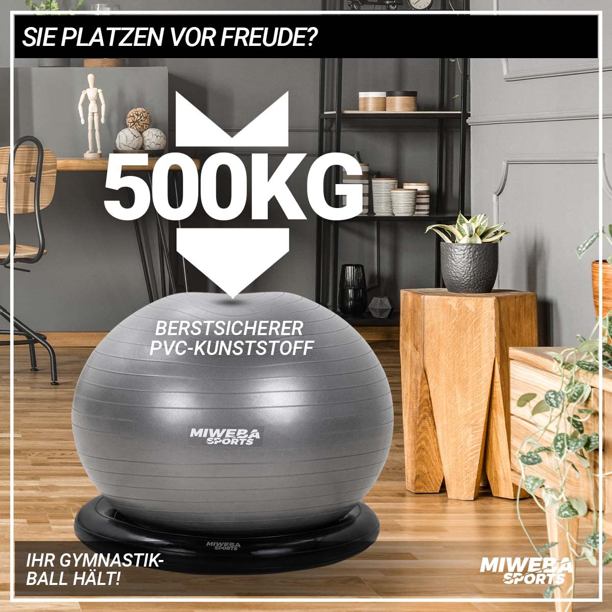 Miweba Sports Gymnastikball | 65 cm ∅ - Traglast 500 kg - Pilates Ball - Pezziball - 4in1 Set inkl Ballauflage - Bürostuhl - Sitzball - Balance Ball - Hüpfball - Pilatesball - Yoga - Schlingentrainer