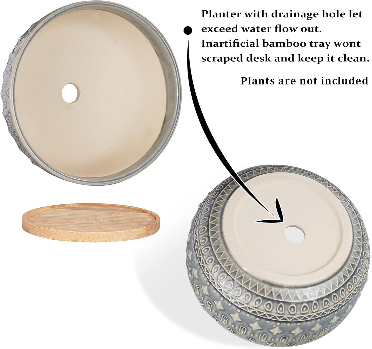 8 Inch Ceramic Succulent Planter Pots with Drainage Hole Flower Pot for Indoor Plants Round Shallow Bonsai Pot with Bamboo Tray Blue