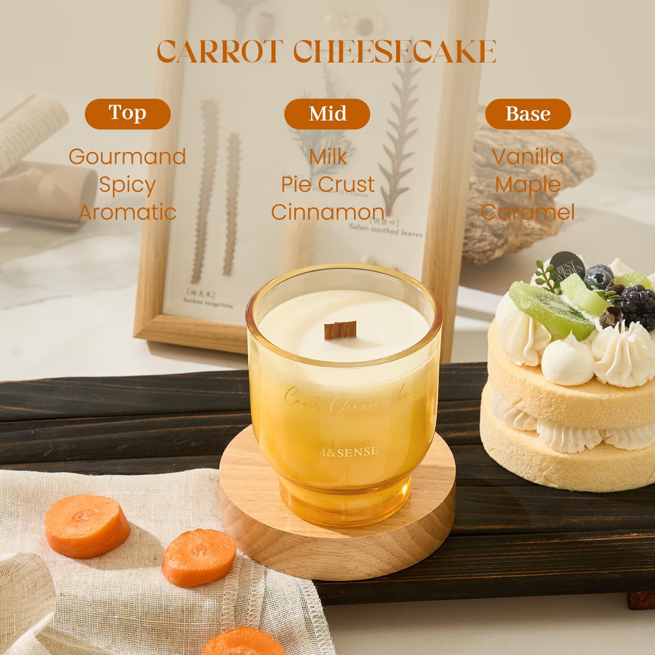 M&SENSE Scented Candle with Crackling Wick, Carrot Cheesecake 270g, 60 Hours Long Burning Time,Perfect Christmas Gifts for Women - Image 3