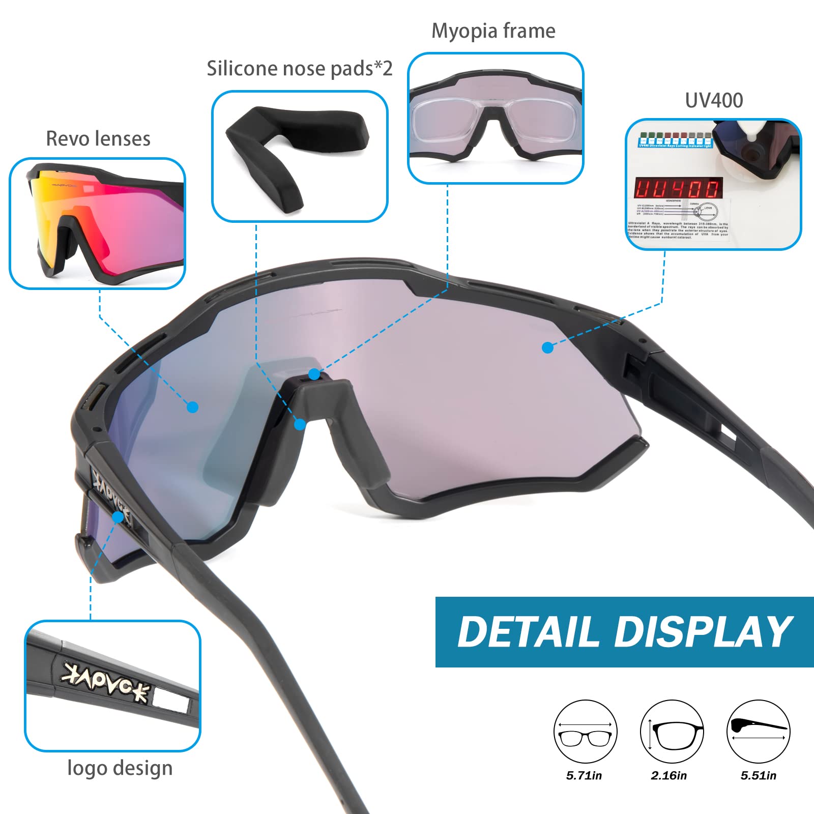 KAPVOE Lunettes De Cyclisme Polarisées Homme Femme - TR90 Ultra Légères Avec 4 Verres Interchangeables UV400 - Idéal Vélo VTT Pêche Course