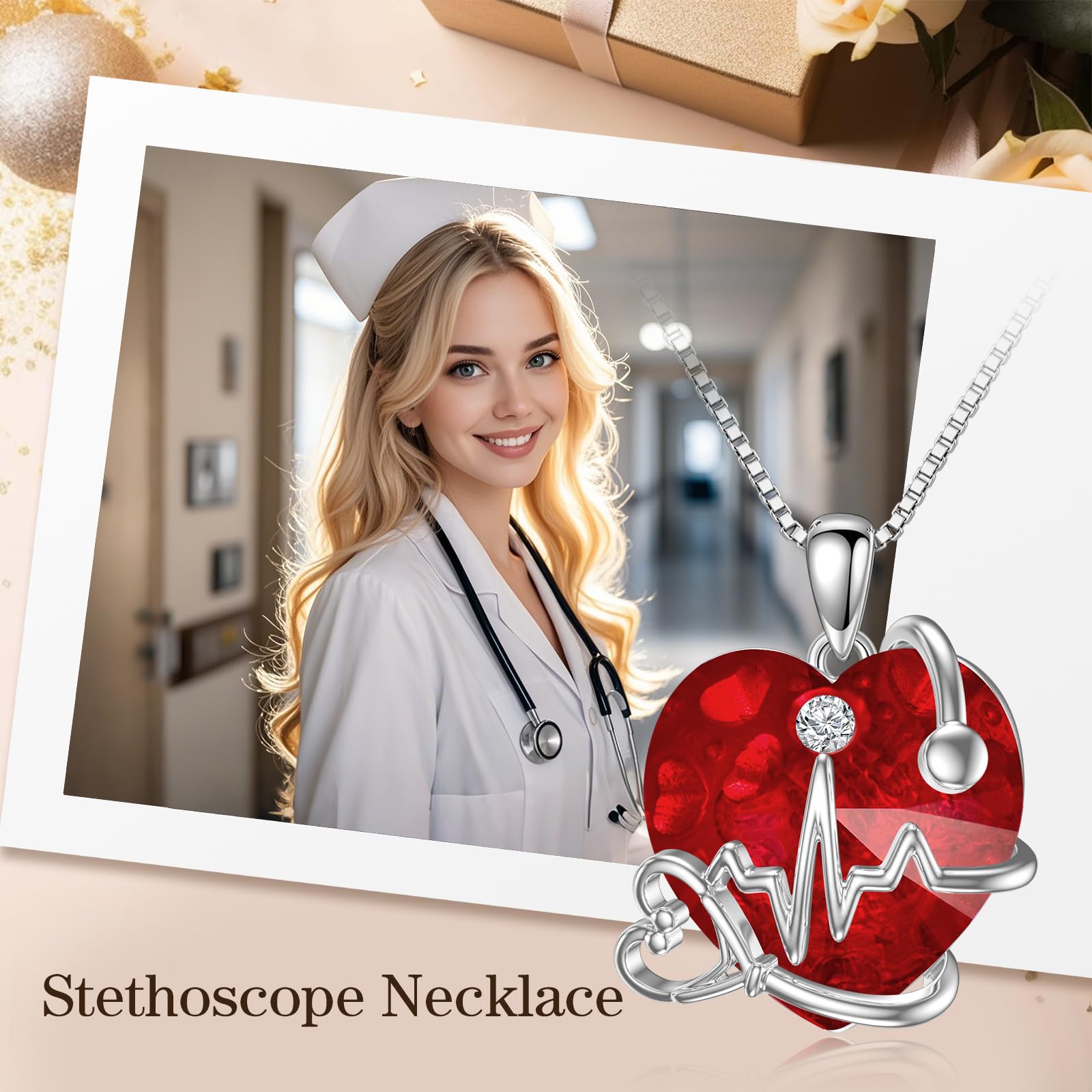 TOUPOP Collana da infermiera da donna con stetoscopio a forma di cuore, ideale come regalo per studentessa, infermiera, laurea, compleanno, regalo di Natale, Argento sterling