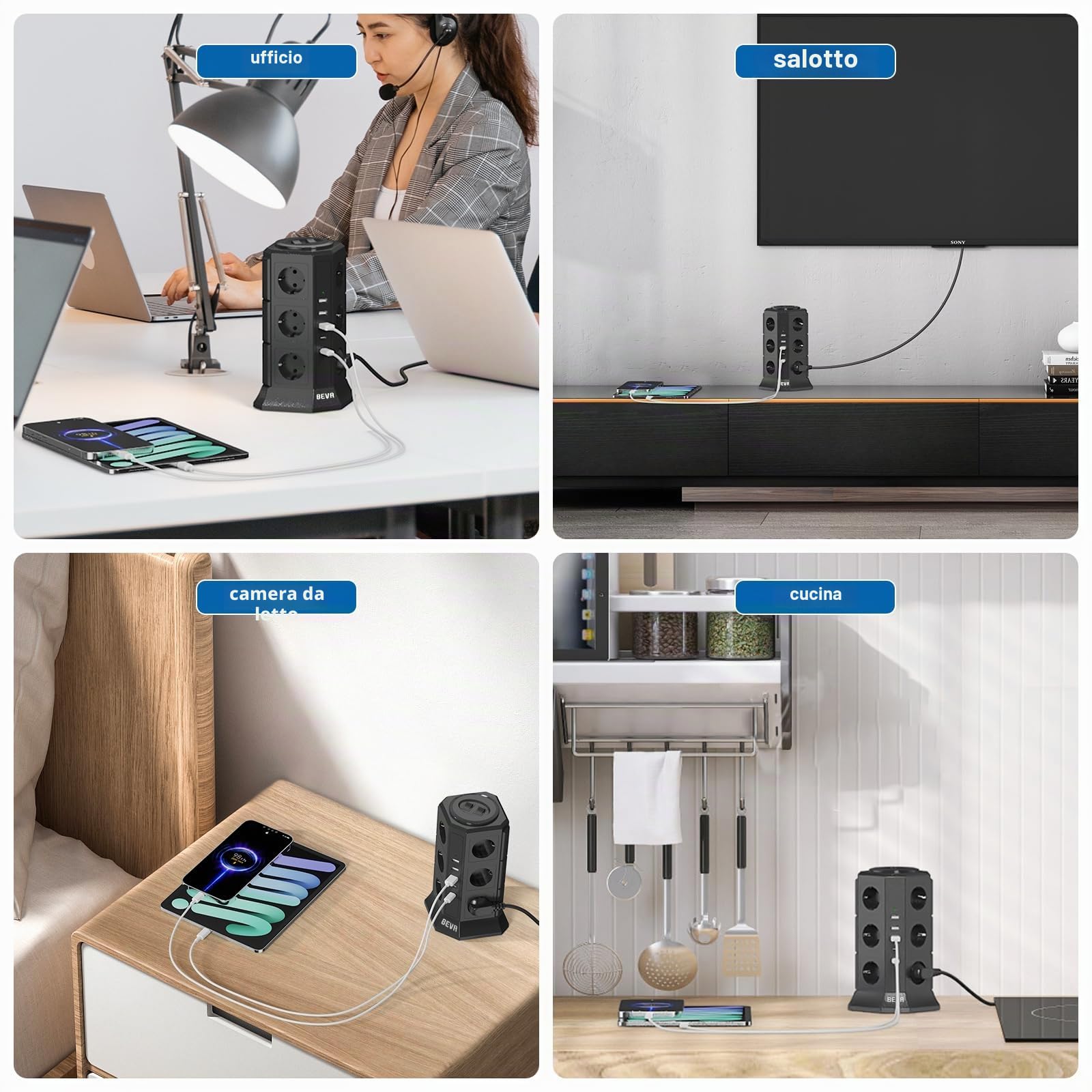 BEVA - Ciabatta elettrica a 12 prese, 5 prese USB, multipresa, protezione da sovratensioni e cortocircuito (con 2 interruttori e cavo da 2 m, 2500 W/10 A)