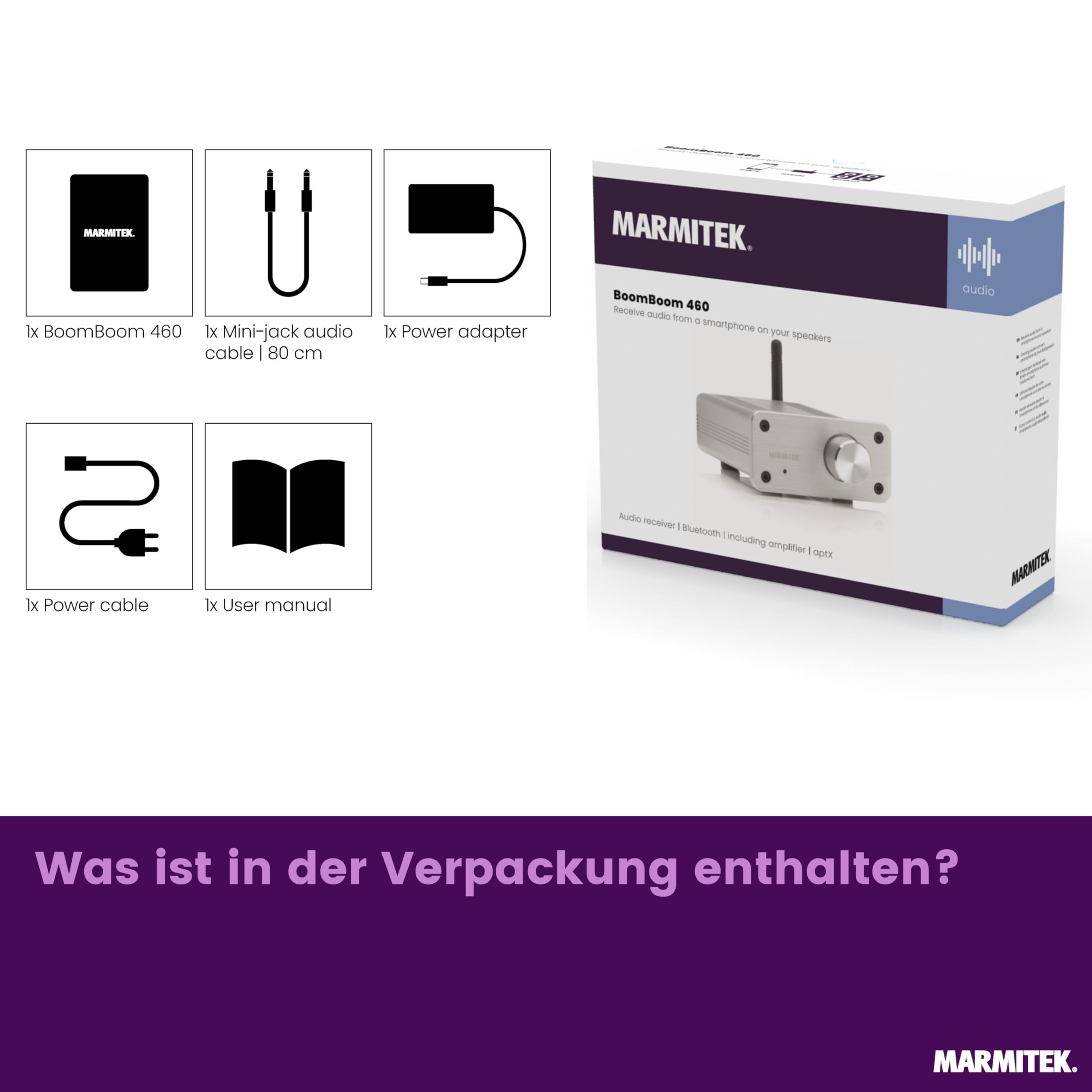 Marmitek BoomBoom 460 - Bluetooth Empfänger mit digitalem Verstärker - Bluetooth Audio Receiver aptX und AUX Eingang - für passive Lautsprecher - Stereo Mini Verstärker | Bluetooth Audio Receiver mit aptX und AUX Eingang für passive Lautsprecher, Stereo M