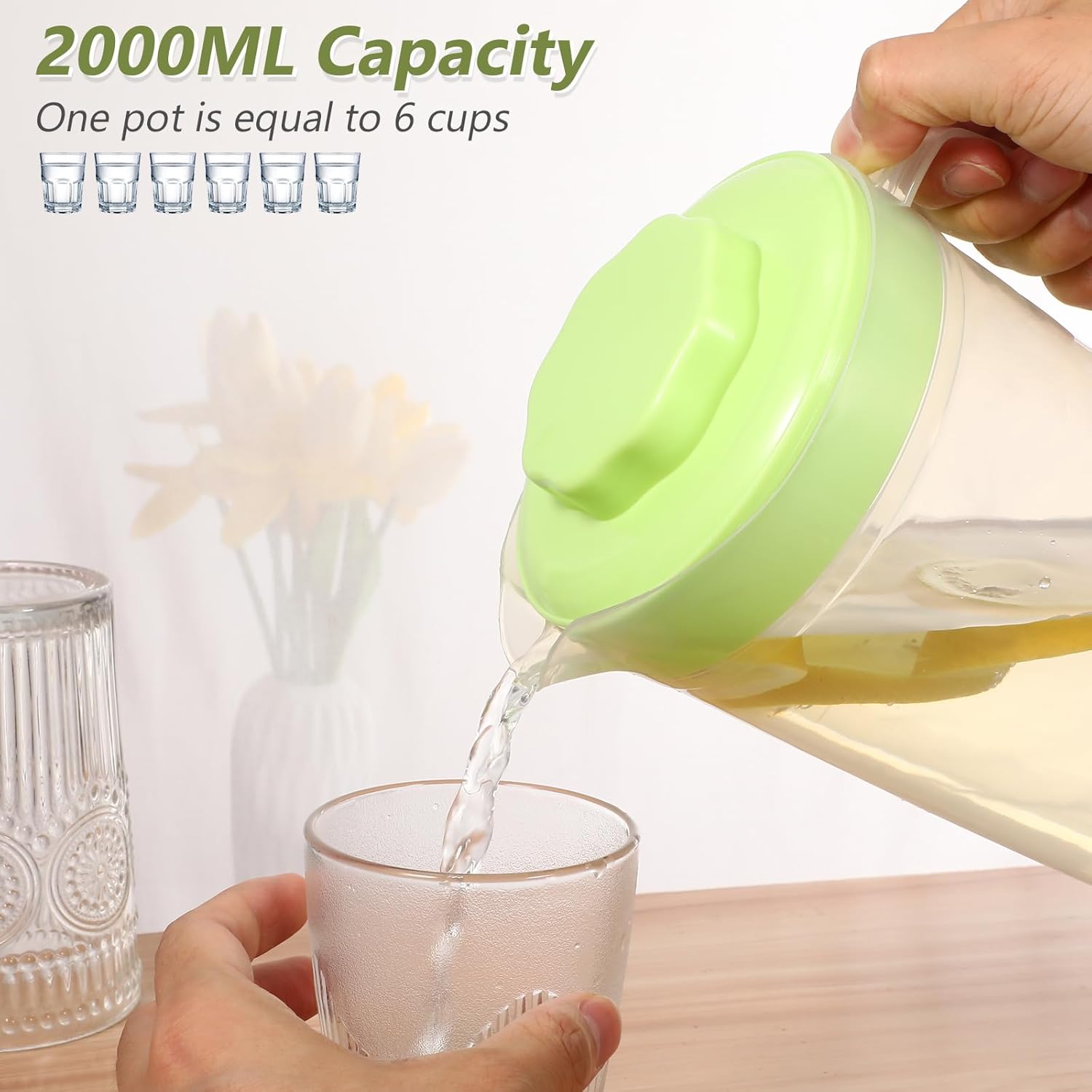 Yardwe 2 Liter Plastic Pitcher with Lid, Heat-Resistant, Large Capacity Drinks Water Jug for Iced Tea, Juice, Lemonade (Green and Purple) - Image 2