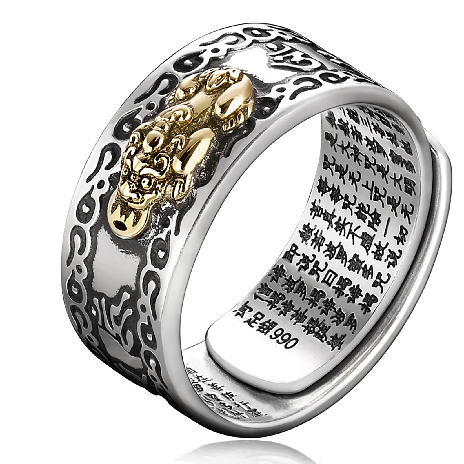 Pierścień Mantry Feng Shui PiXiu,Kucheed Srebrne Buddyjskie Pierścienie na Szczęście,MANI Amulet Mantra Biżuteria Zespół,Otwarte Regulowane Pierścionki Prezent dla Kobiet Mężczyzn (B)