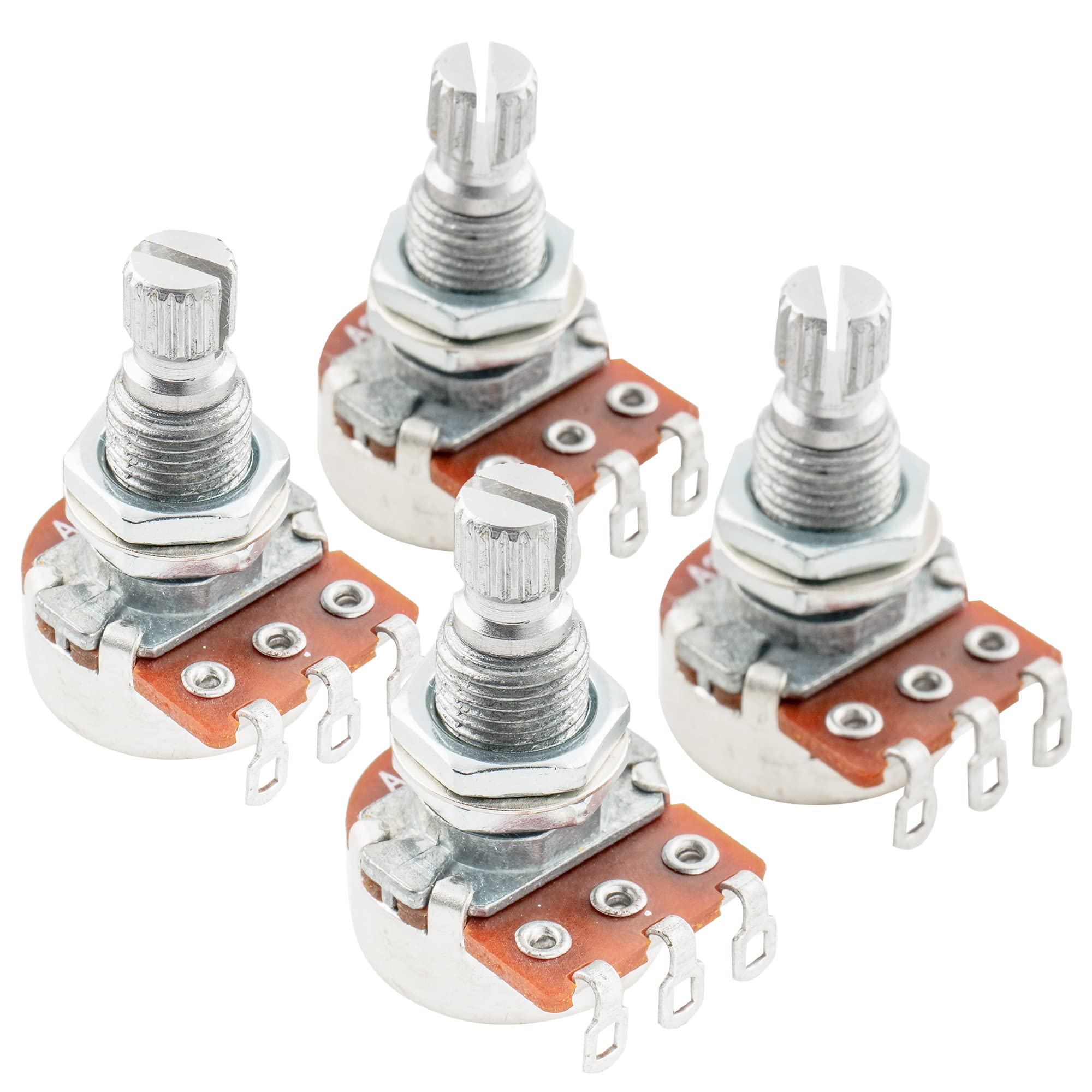 Alpha Mini A250K Metric Potentiometers Split Shaft Audio Taper Pots for Electric Guitar or Bass (4 Pieces)