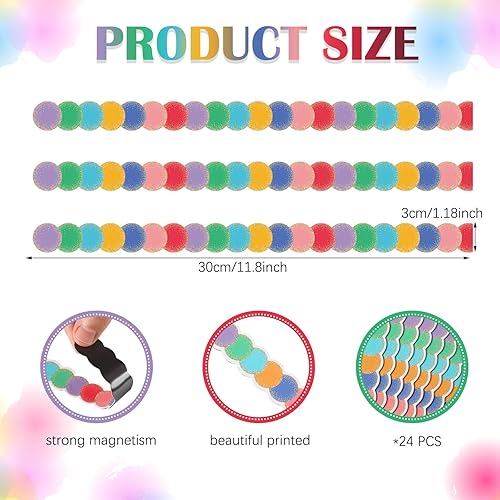 Miniatura 2 de Ireer 24 tiras magnéticas retro para tablero de anuncios, tiras decorativas con bordes adhesivos para pizarra de anuncios (redonda)
