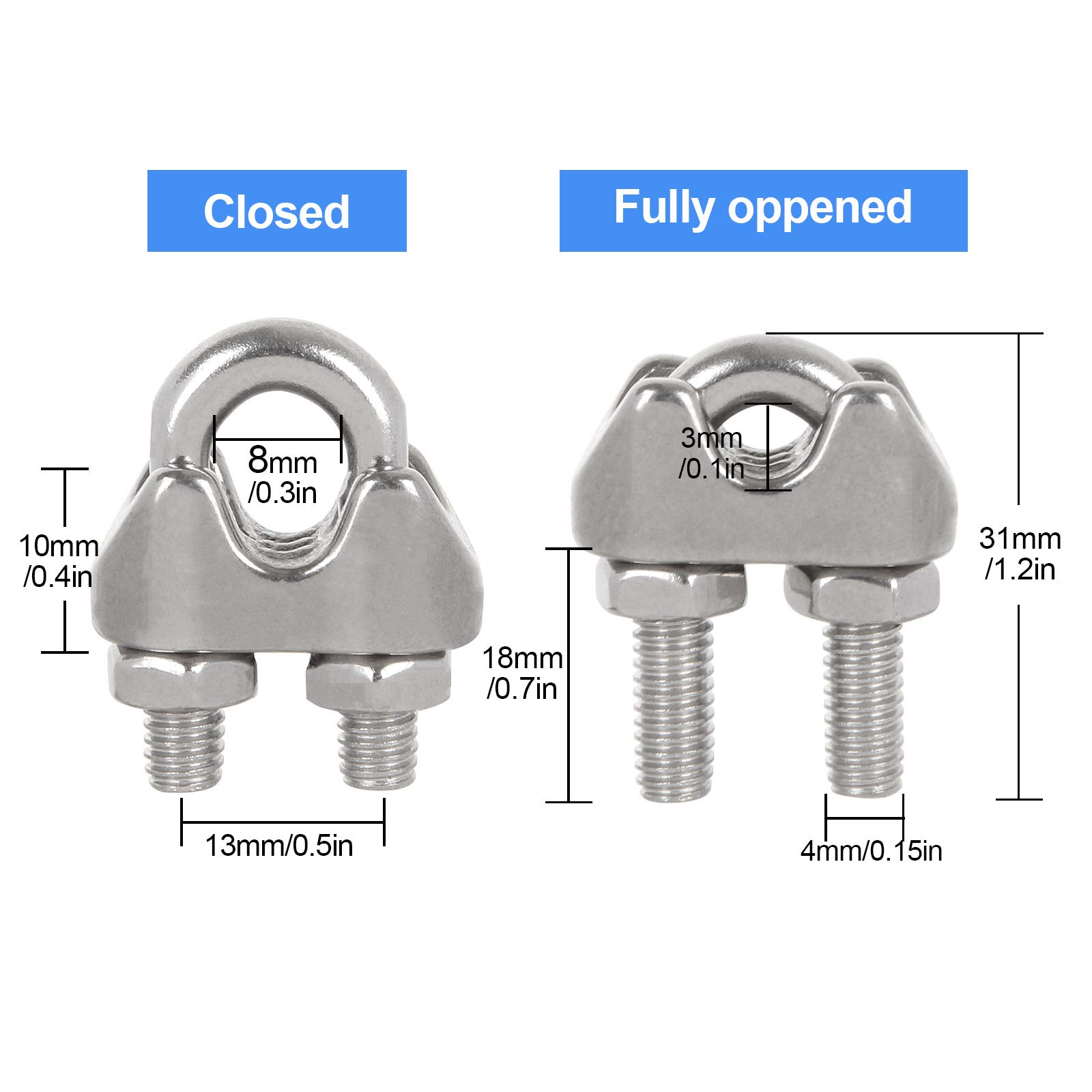 Morsetto per fune metallica M6, in acciaio inox, 40 pezzi, 1/4 di pollice