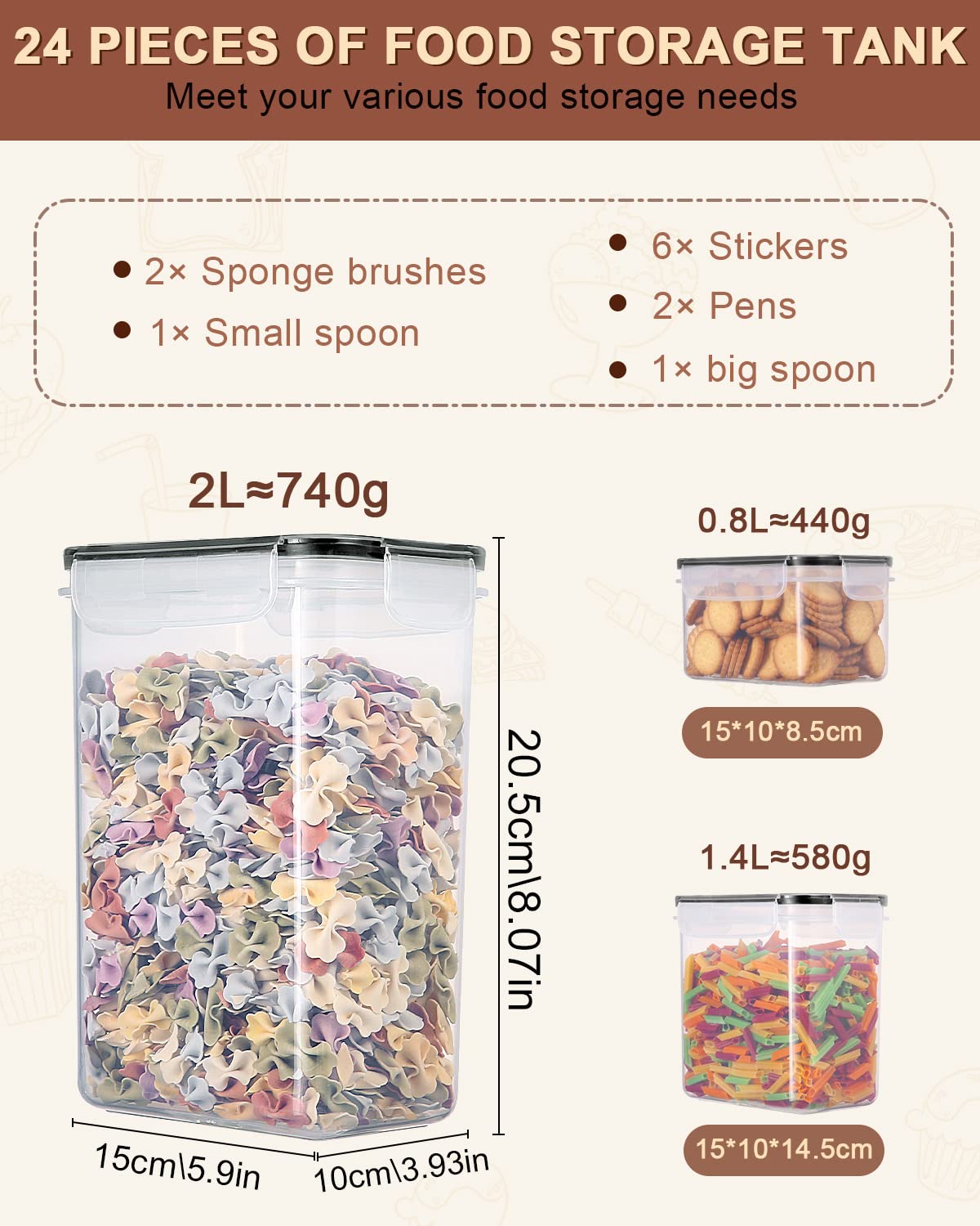 heuchaey Juego de 24 tarros con tapa, caja de almacenamiento de cocina de plástico con pegatinas, pincel y cuchara, recipientes para cereales, harina, pasta, sin BPA