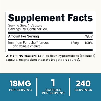 Type Zero Iron Chelate Capsules (18 MG, 240 CAPS) from Ferrochel Ferrous Bisglycinate Chelate - Non-GMO and Gluten Free