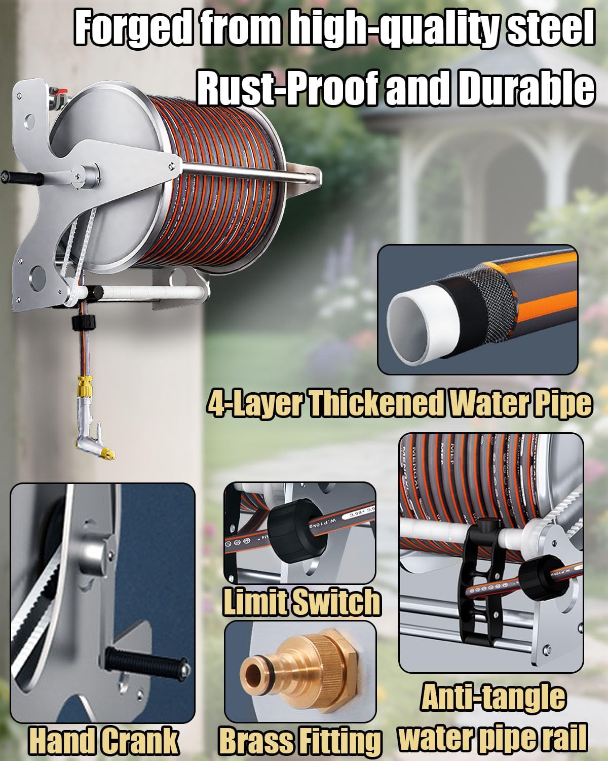 Heavy Duty Garden Hose Reels For Outside, 1/2 in X 100 ft Hose Reel Wall Mount, with 7-Pattern Nozzle & 3 -High-Pressure Pattern Nozzle, for Watering Plants And Lawn, Car Washing, Patio And Pet