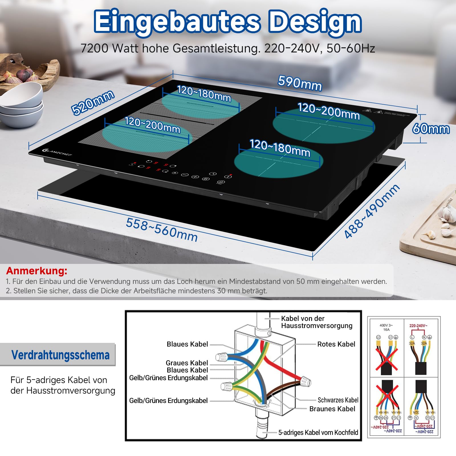 AMZCHEF Induktionskochfeld 60cm mit Flexzonen, 4 Zonen Induktionskochplatte mit Boost-Funktion und 9 Leistungsstufen, Pausenfunktion, Timer, Sicherheitsschloss, Überhitzungsschutz, BBQ, 7200W