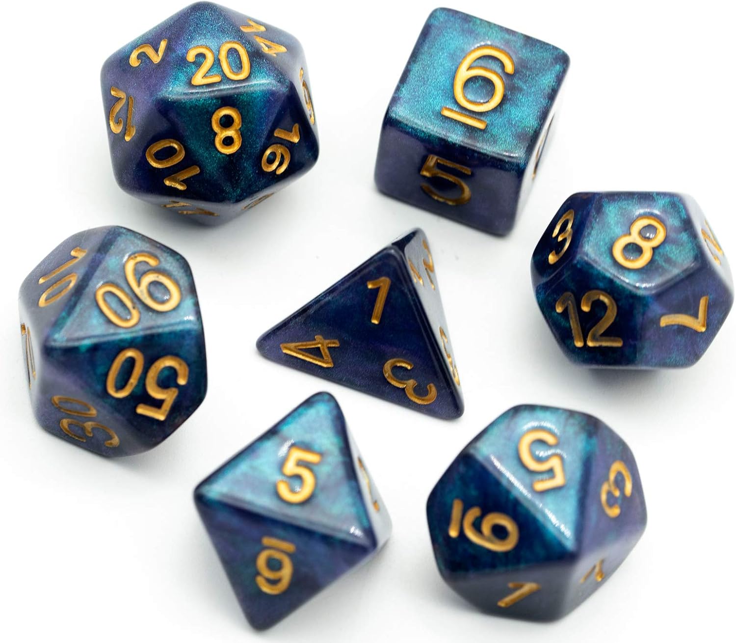 UDIXI 7PCS Polyhedral Resin Dice, D&D Dice, Sparkle Galaxy DND Dice Set- for Role Playing Dice Games as Dungeons and Dragons RPG MTG Table Games(Blue Green with Golden Font)…