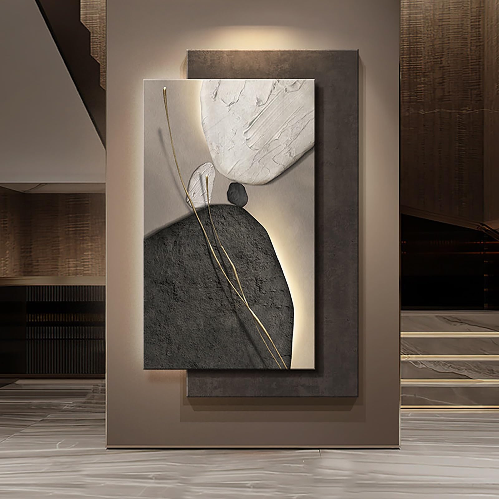 ZCQMSCWW Modern LED Wall Art 3D，Abstract Sandstone Sculpture Natural Texture Stone Vertical Lighted Mural Decor for Living Room Bedroom(D,50 * 70cm/19.6 * 27.5in)
