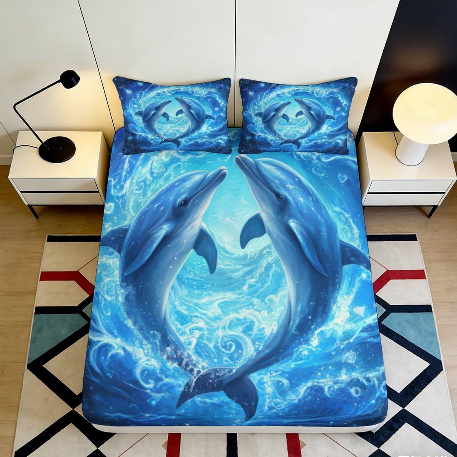 Uxinyoume Style-10 3D Printed Blue Dolphin Ocean Fitted Sheet Microfiber Soft Mattress Cover Anti-Slip Easy Care Bedroom Decor 90X200x25cm