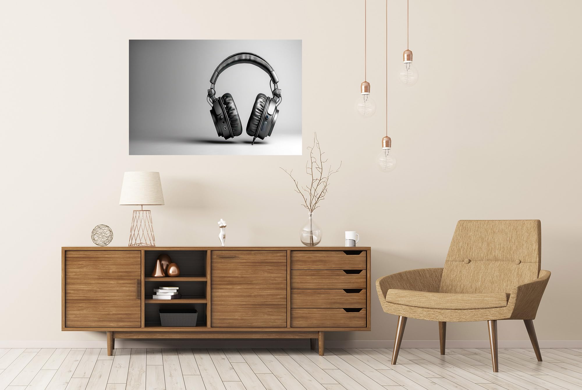 islandburner Prime XXL - Poster da parete con cuffie nere e schermo bianco isolato come murale, studio musicale, negozio di musica, immagini di alta qualità