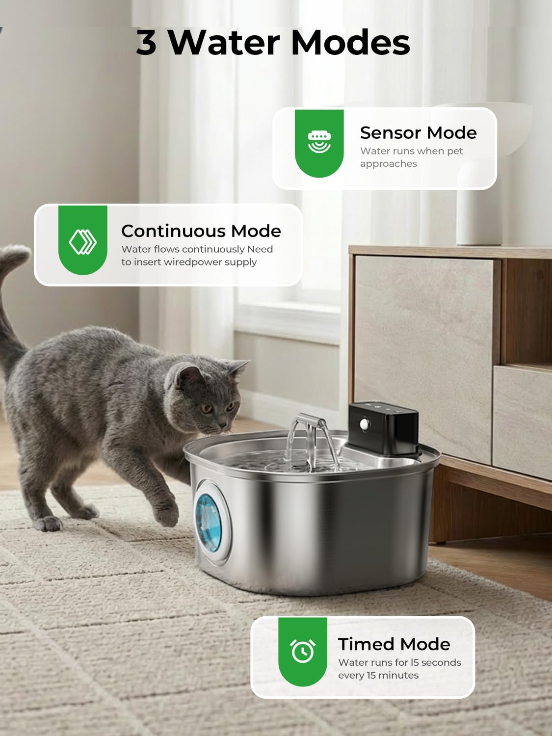Voluas Stainless Steel Wireless Cat Water Fountain: 3.2L/108oz 3-Modes Pet Drinking Fountain Indoor Cordless Motion Sensor with Pet Water Dispenser Bowl with Water Level Window, BPA-Free, 4Filter