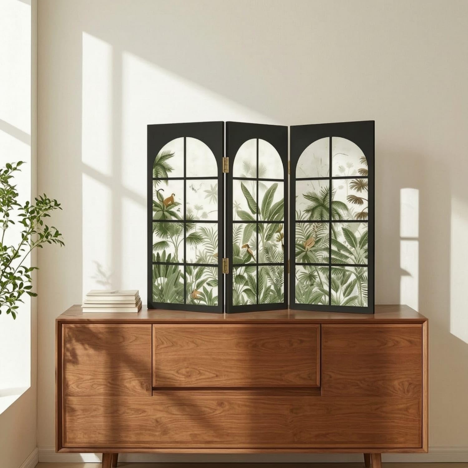 Tropical Three-Panel Desktop Screen Arched Tabletop Folding Screen Foldable Tabletop Panel Divider Hinged for Console Table, Cabinet, 45x30cm, Tropical B-image-48