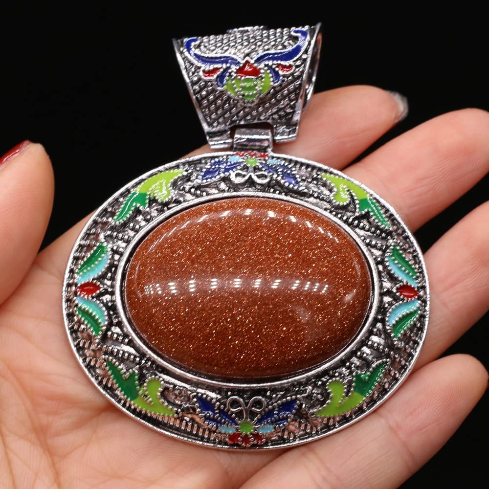 HXSCOO Vintage Ethnic Natural Stone Crystal Agates Charms Elliptical Boho Abalone Shell Pendant for Jewelry Making DIY Necklace Gift (Color : Gold Sand Stone)
