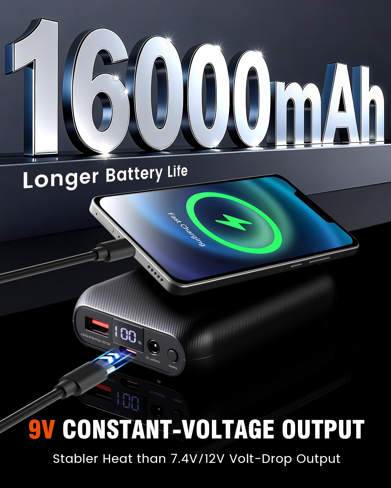 Paquete de baterías para chaquetas con calefacción, chaleco de forro polar, 16000 mAh, con pantallas LED, ligero, compacto, batería recargable