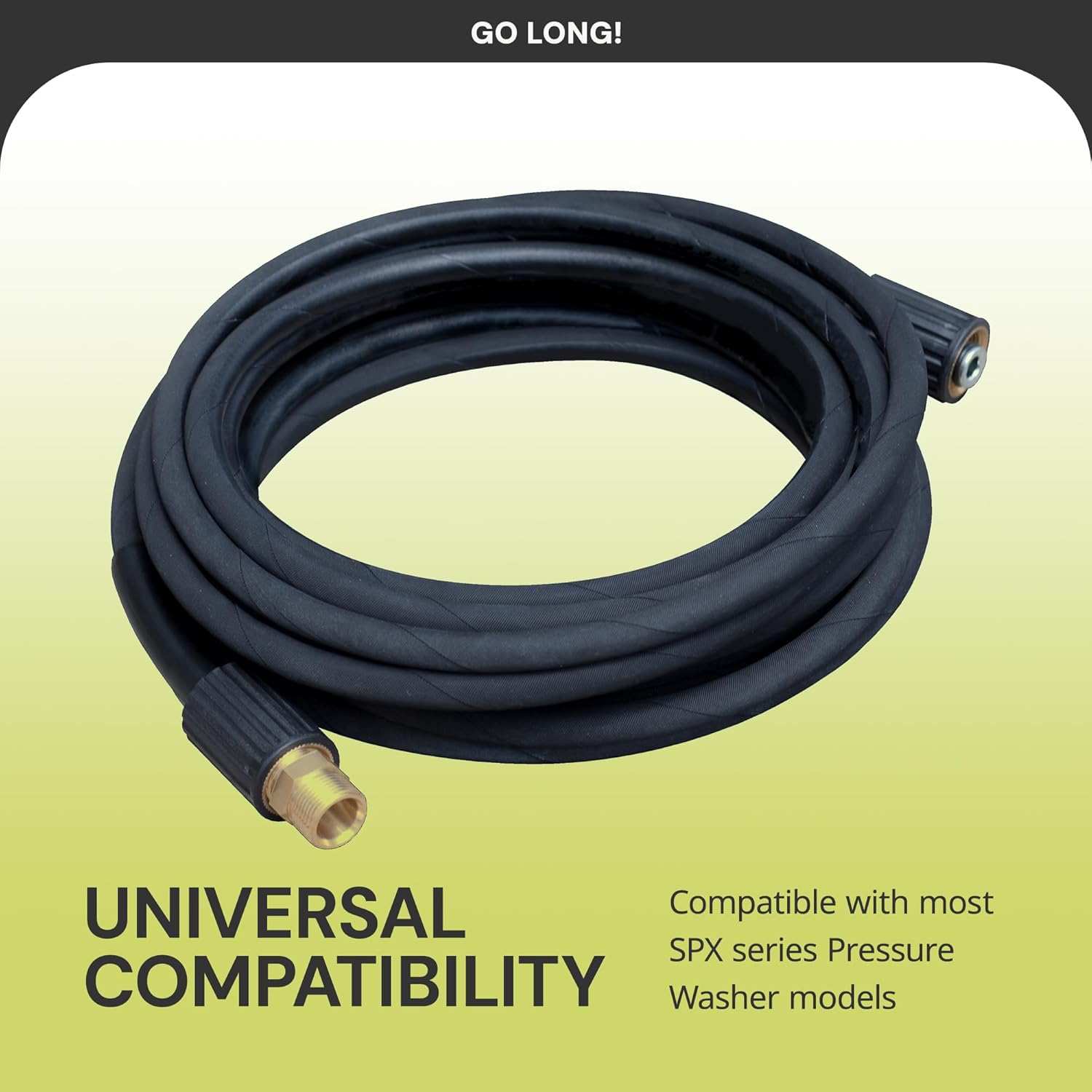 Sun Joe SPX-25HD hose showing universal compatibility with M22-15mm connectors