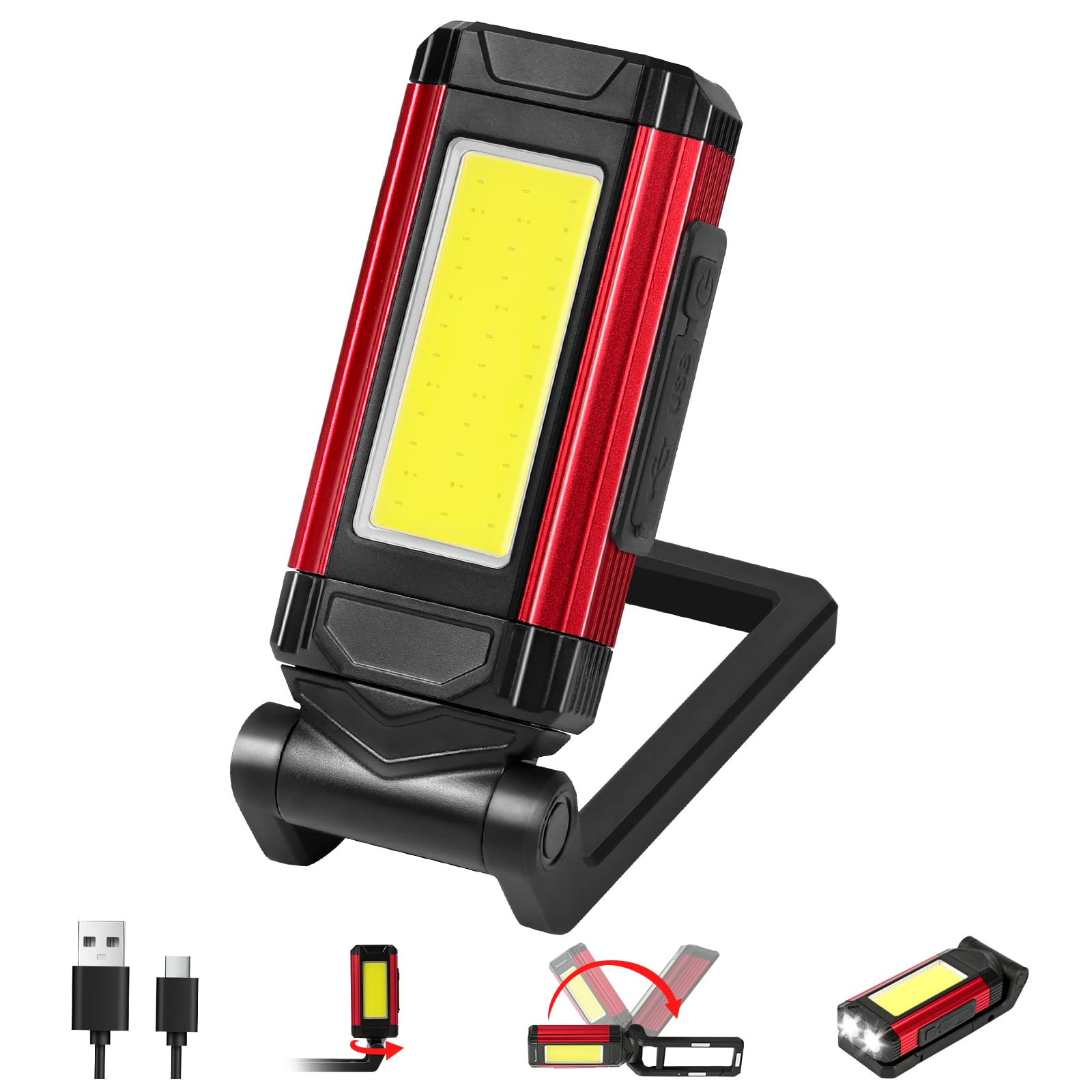 Akumulatorowa Lampa Robocza LED, Ładowalna Latarka Magnetyczna, Przenośna Latarka LED 360° obrotowa z Mocną Magnetyczną Podstawą i Składanym Haczykiem, Lampa Inspekcyjna COB do Samochodów