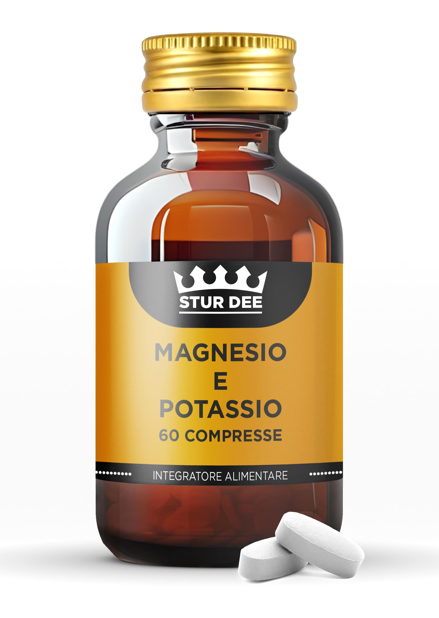 Magnesio e Potassio – Integratore Magnesio e Potassio senza zucchero, Sali Minerali Supporto Energia e riduce la stanchezza, Funzione Muscolare e Sistema Nervoso - 60 Compresse Stur Dee