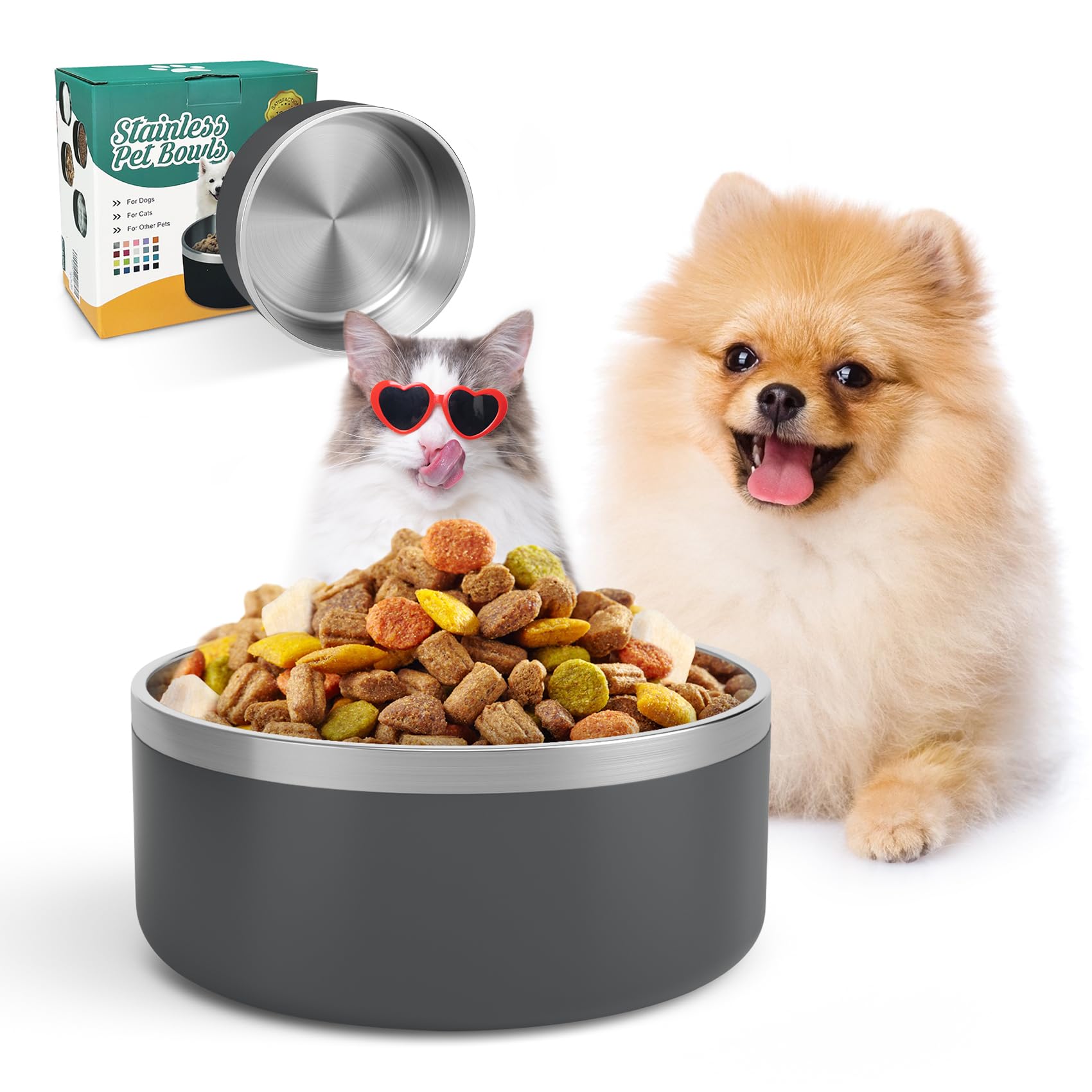 Cuenco para Perros para Comida y Agua, Cuenco de acero Inoxidable de 1,2 l, Antideslizante, Aislamiento de Doble Pared con Parte Inferior de Goma para Perros/gatos Mediano/grande(40oz/5tazas, Gris)